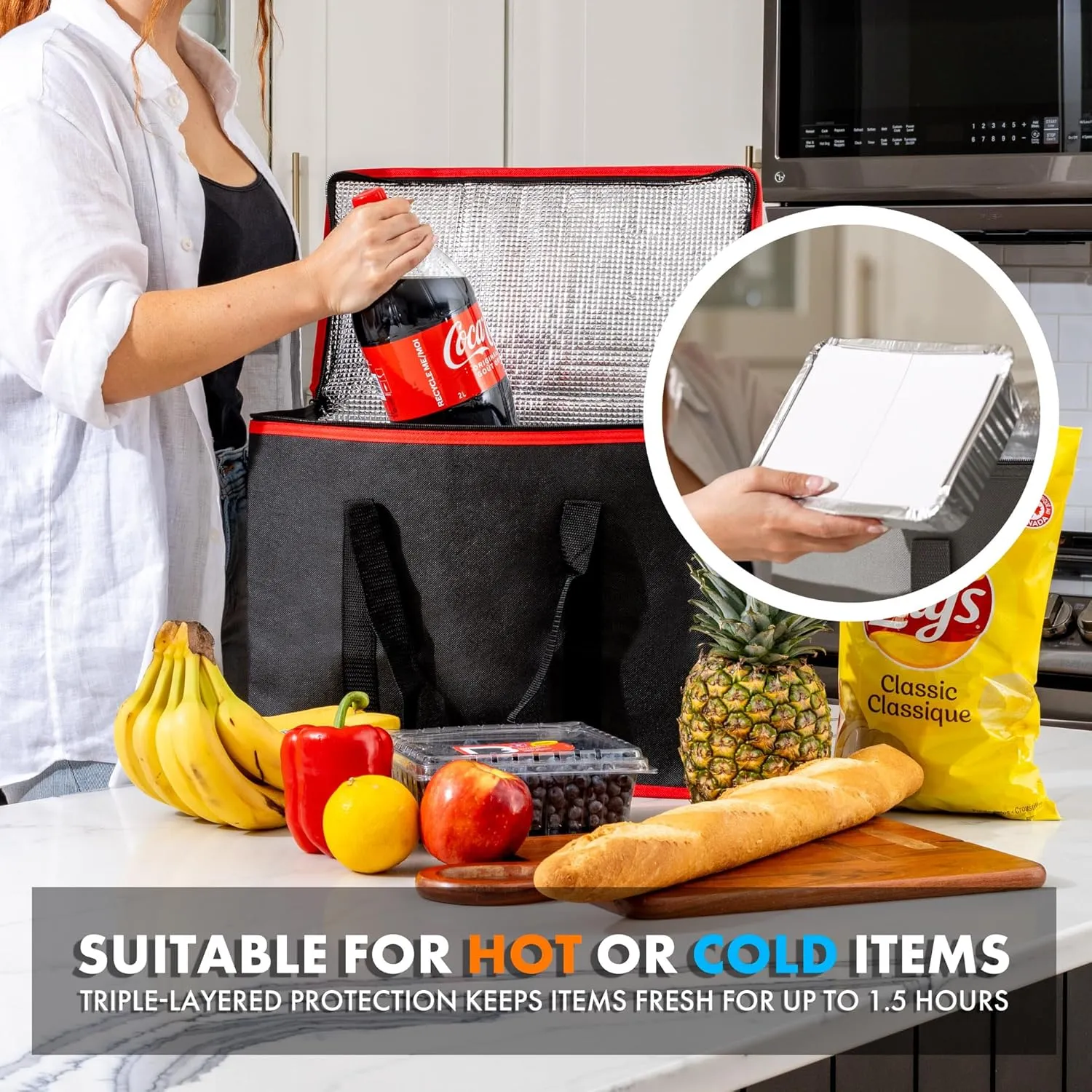 (Not Made In China) Insulated Grocery Bags w/Zippered Top, Reusable Shopping Bags, Catering and Delivery Bag For Hot and Cold Food, Collapsible Thermal Tote For Doordash and Uber Eats
