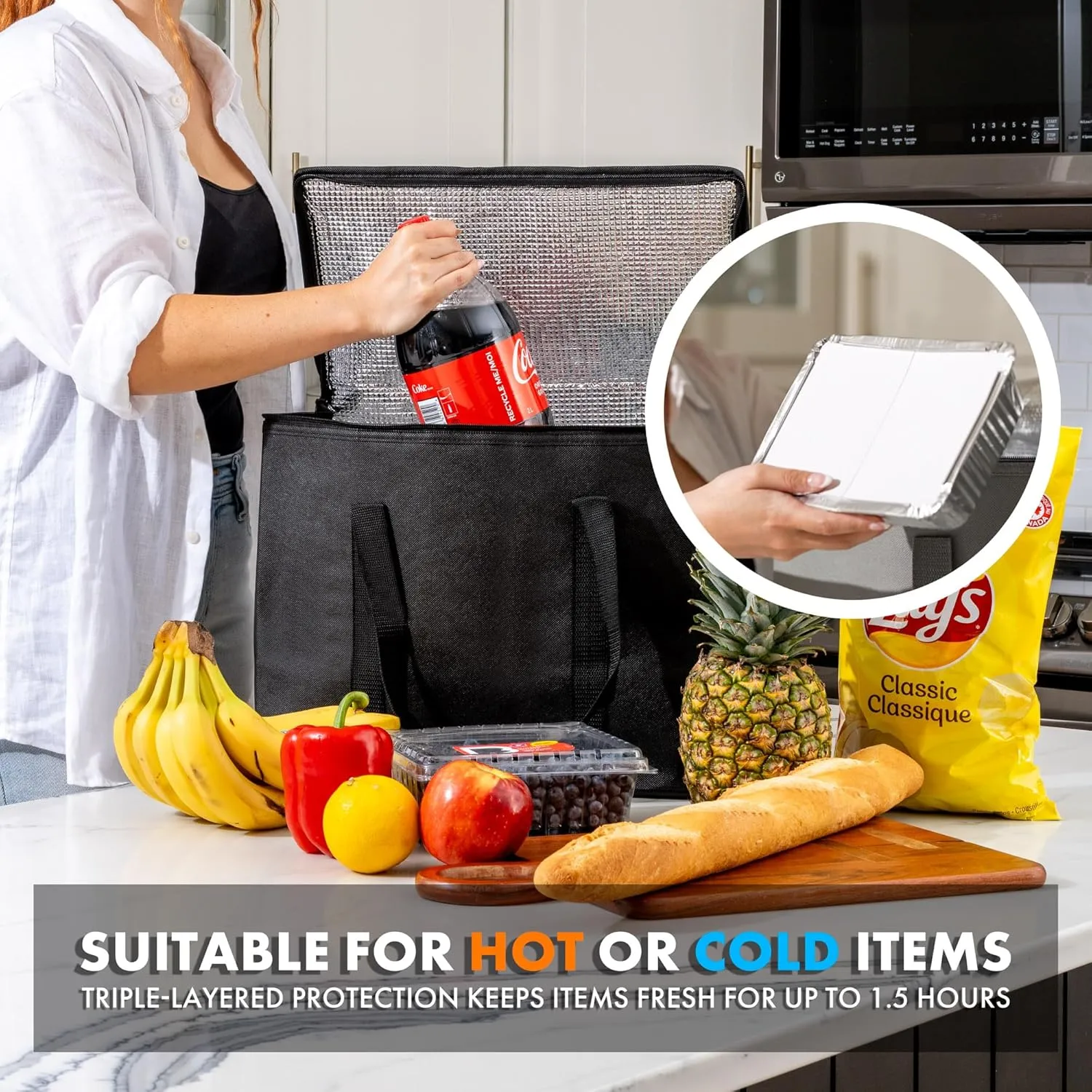 (Not Made In China) Insulated Grocery Bags w/Zippered Top, Reusable Shopping Bags, Catering and Delivery Bag For Hot and Cold Food, Collapsible Thermal Tote For Doordash and Uber Eats