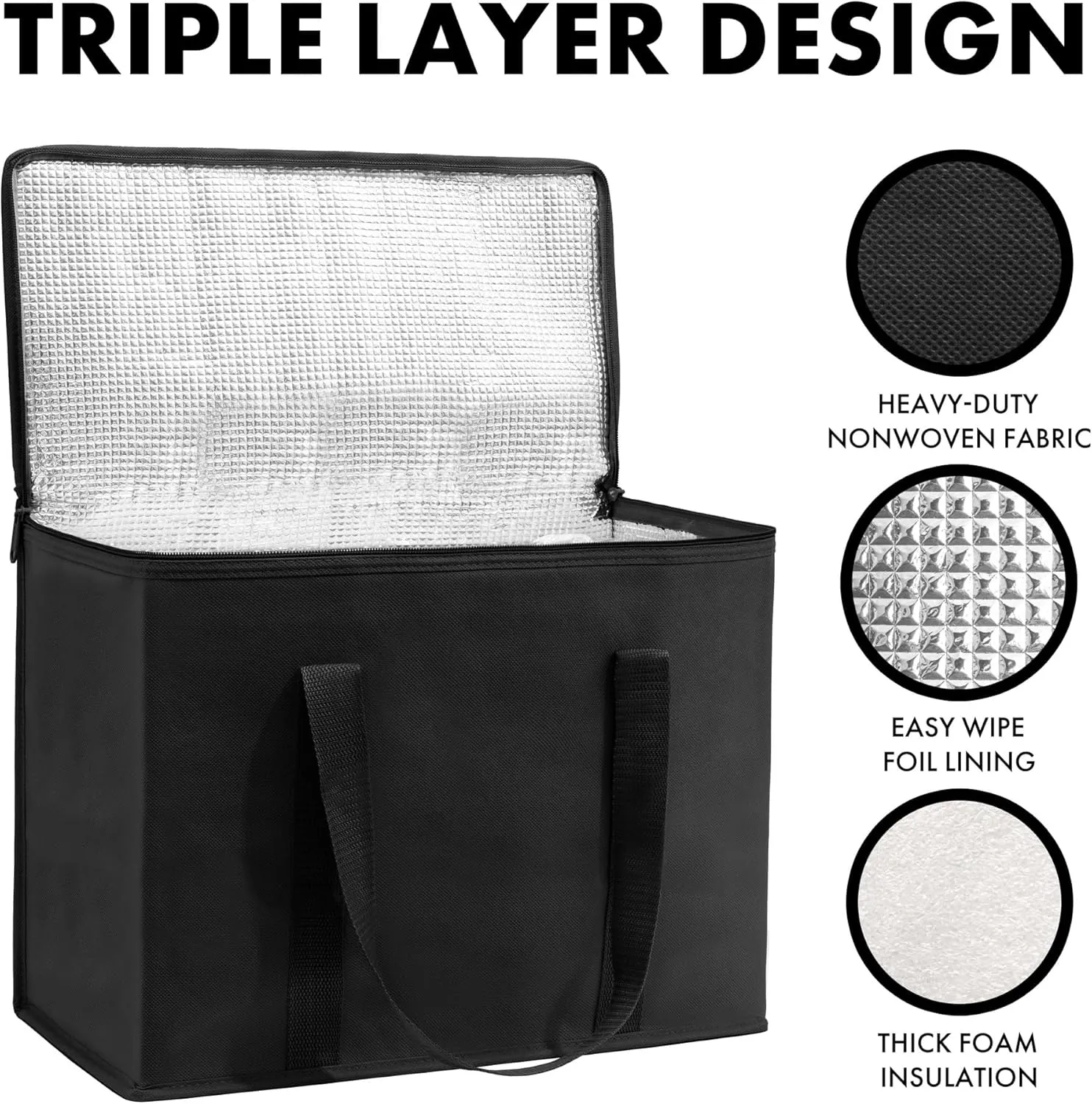 (Not Made In China) Insulated Grocery Bags w/Zippered Top, Reusable Shopping Bags, Catering and Delivery Bag For Hot and Cold Food, Collapsible Thermal Tote For Doordash and Uber Eats