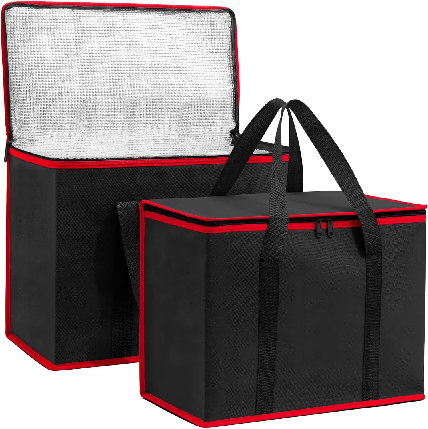 (Not Made In China) Insulated Grocery Bags w/Zippered Top, Reusable Shopping Bags, Catering and Delivery Bag For Hot and Cold Food, Collapsible Thermal Tote For Doordash and Uber Eats
