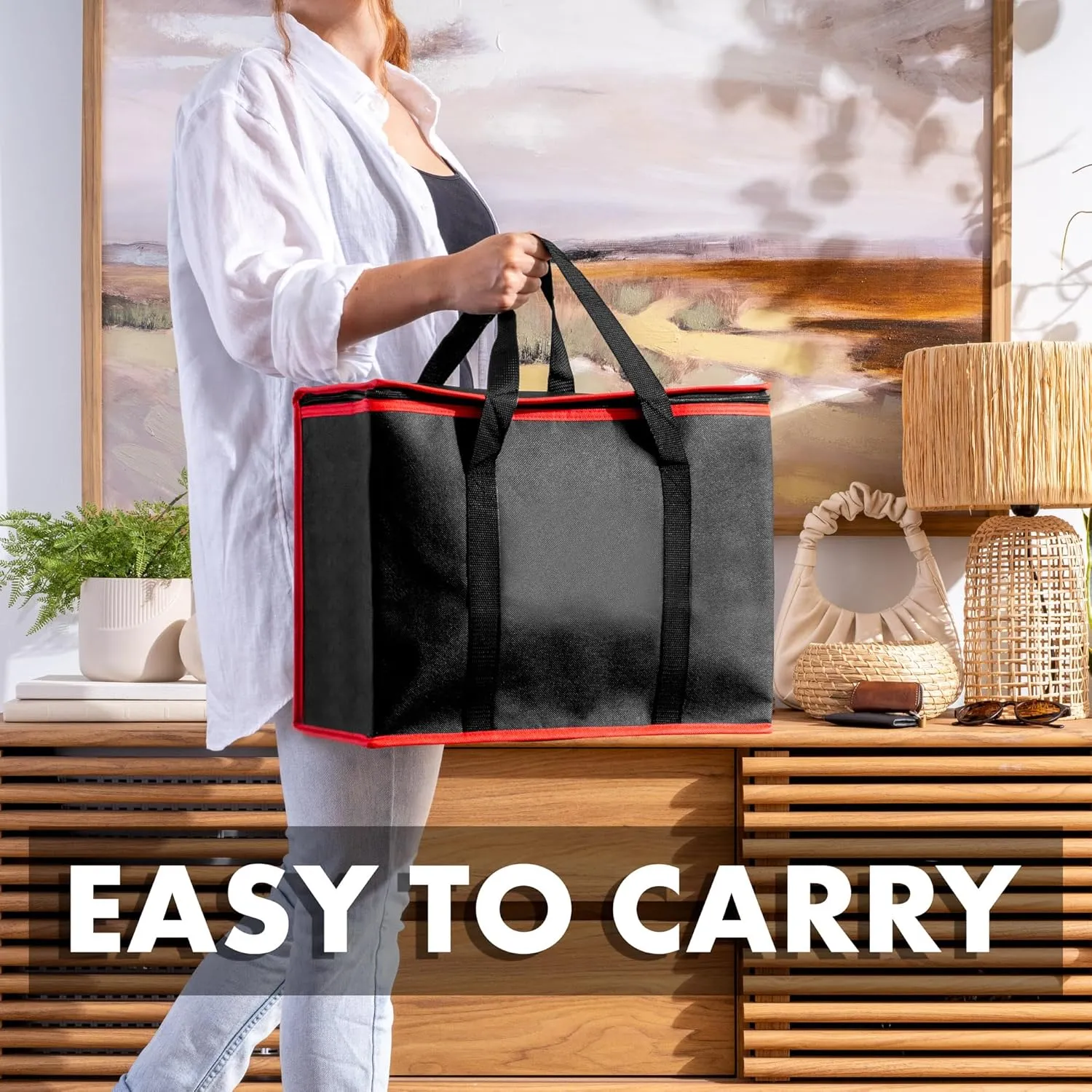 (Not Made In China) Insulated Grocery Bags w/Zippered Top, Reusable Shopping Bags, Catering and Delivery Bag For Hot and Cold Food, Collapsible Thermal Tote For Doordash and Uber Eats