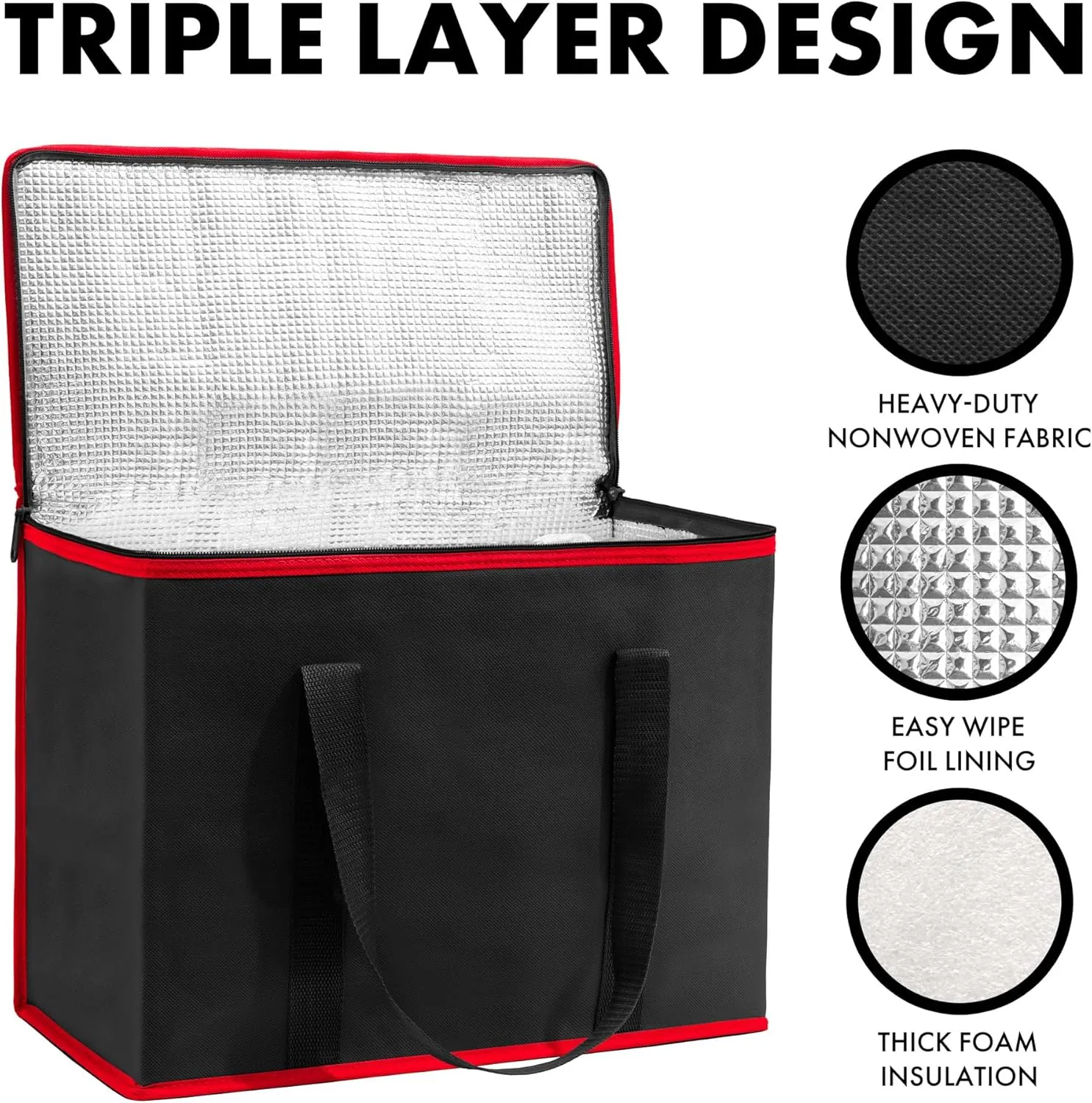 (Not Made In China) Insulated Grocery Bags w/Zippered Top, Reusable Shopping Bags, Catering and Delivery Bag For Hot and Cold Food, Collapsible Thermal Tote For Doordash and Uber Eats