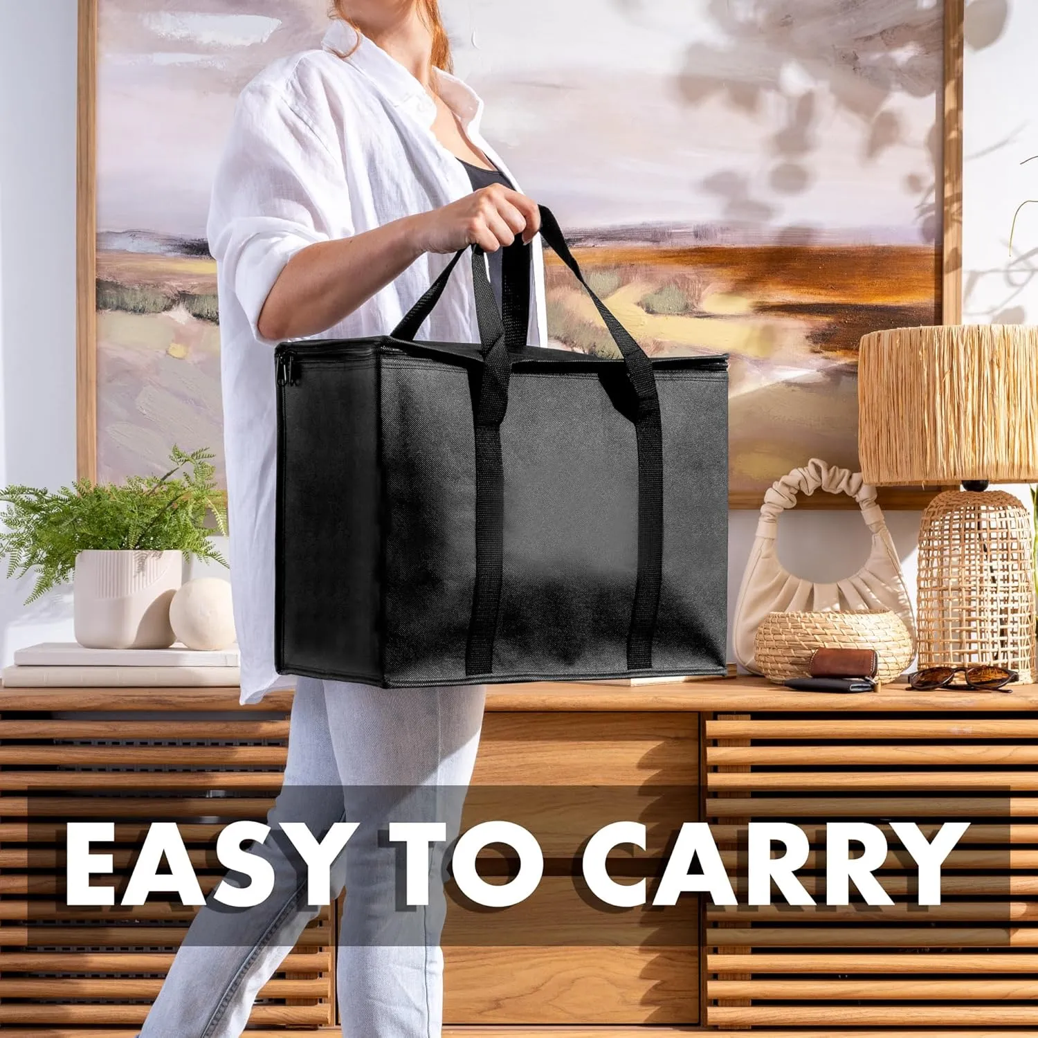 (Not Made In China) Insulated Grocery Bags w/Zippered Top, Reusable Shopping Bags, Catering and Delivery Bag For Hot and Cold Food, Collapsible Thermal Tote For Doordash and Uber Eats