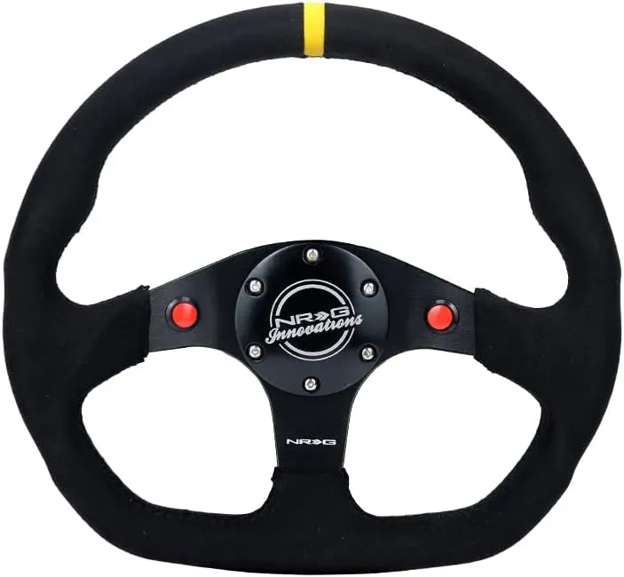NRG Innovations NRG-RST-024D-MB-SA-Y Reinforced Steering Wheel 320mm Sport Alcantara Dual Push Buttons Flat Bottom with Yellow Center Mark