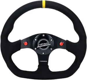 NRG Innovations NRG-RST-024D-MB-SA-Y Reinforced Steering Wheel 320mm Sport Alcantara Dual Push Buttons Flat Bottom with Yellow Center Mark