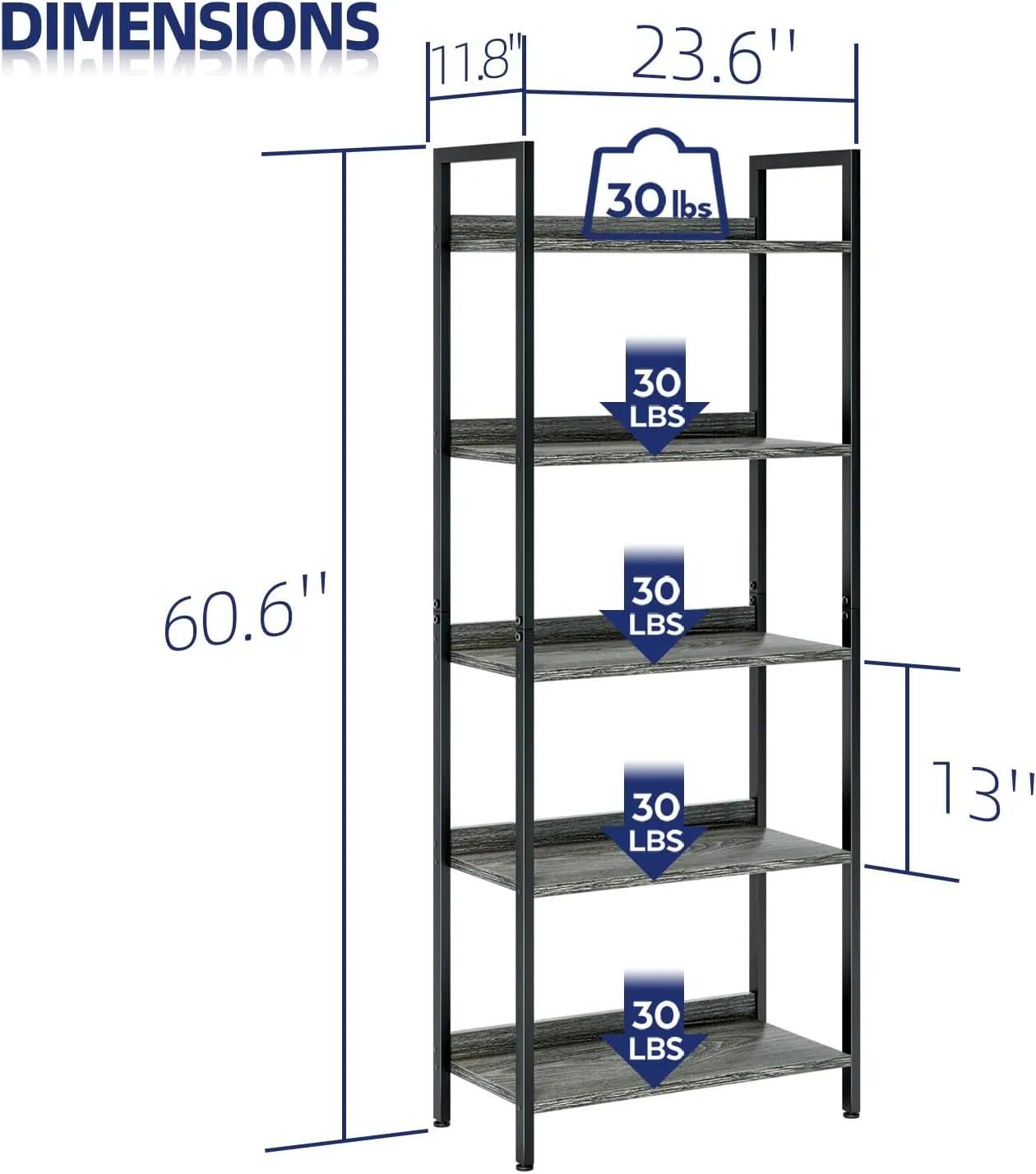 NUMENN Bookshelf, 5 Tier Bookshelves, Home Office Bookcase Shelf Storage Organizer, Free Standing Storage Shelving Unit for Bedroom, Living Room and Home Office, Dark Grey