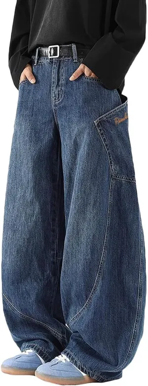 Nutriangee Men's Baggy Barrel Wide Leg Jeans Irregular Sutures for Men Women Loose Fit Streetwear Y2k Hip Hop Denim Pants