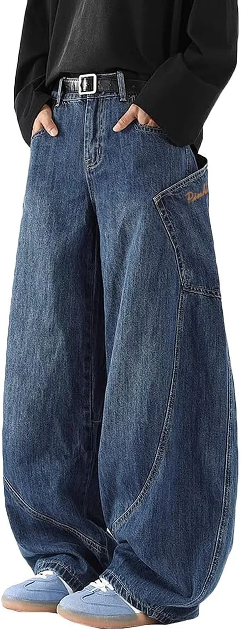 Nutriangee Men's Baggy Barrel Wide Leg Jeans Irregular Sutures for Men Women Loose Fit Streetwear Y2k Hip Hop Denim Pants