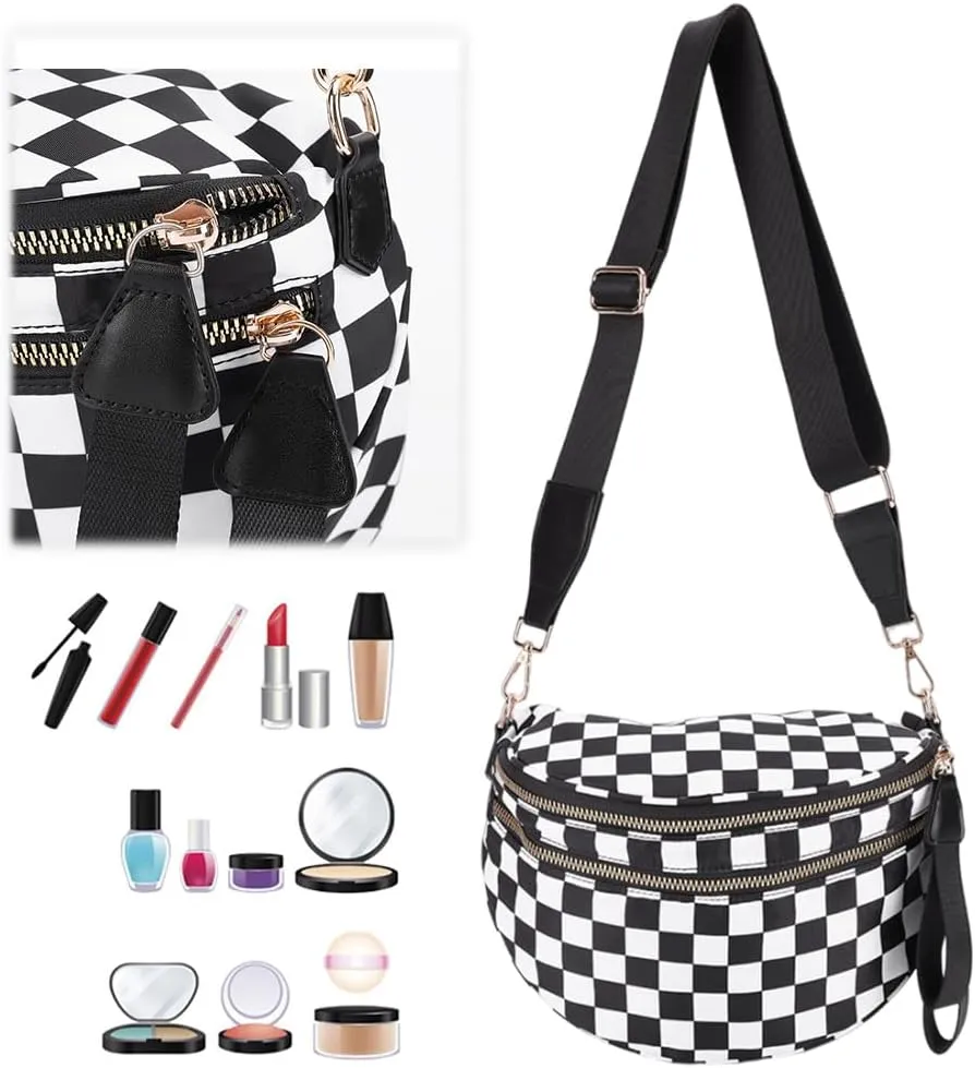 Nylon Crossbody Bag for Women, Large Checkered Purse, Black Handbag for Shopping Travel