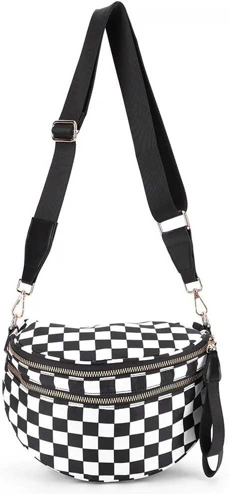 Nylon Crossbody Bag for Women, Large Checkered Purse, Black Handbag for Shopping Travel