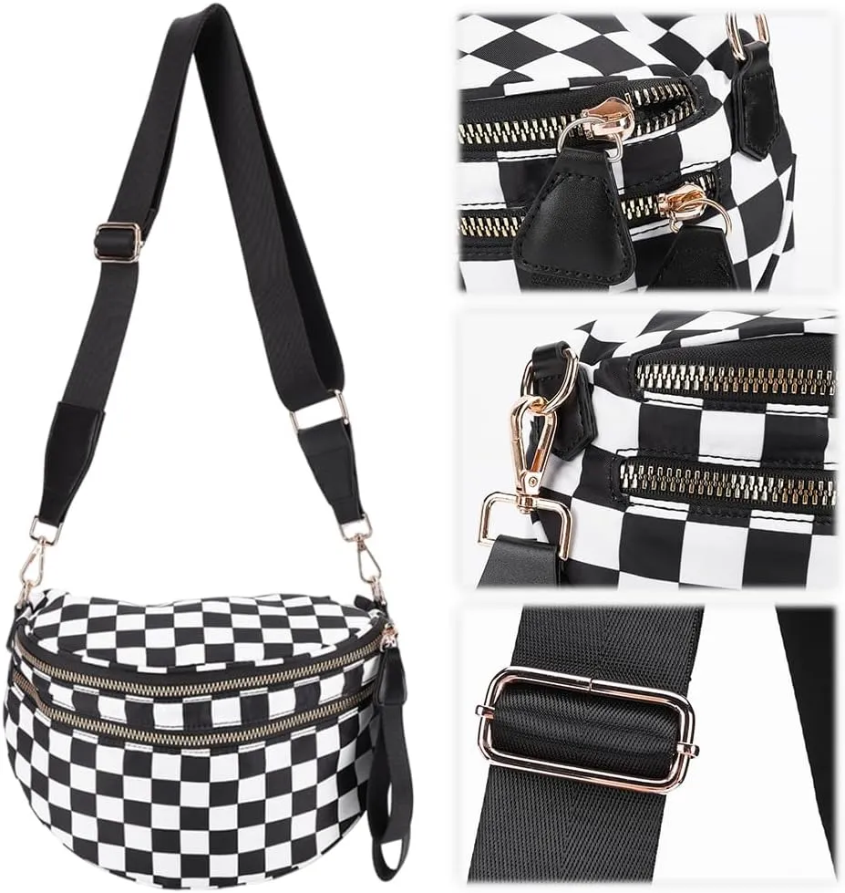 Nylon Crossbody Bag for Women, Large Checkered Purse, Black Handbag for Shopping Travel