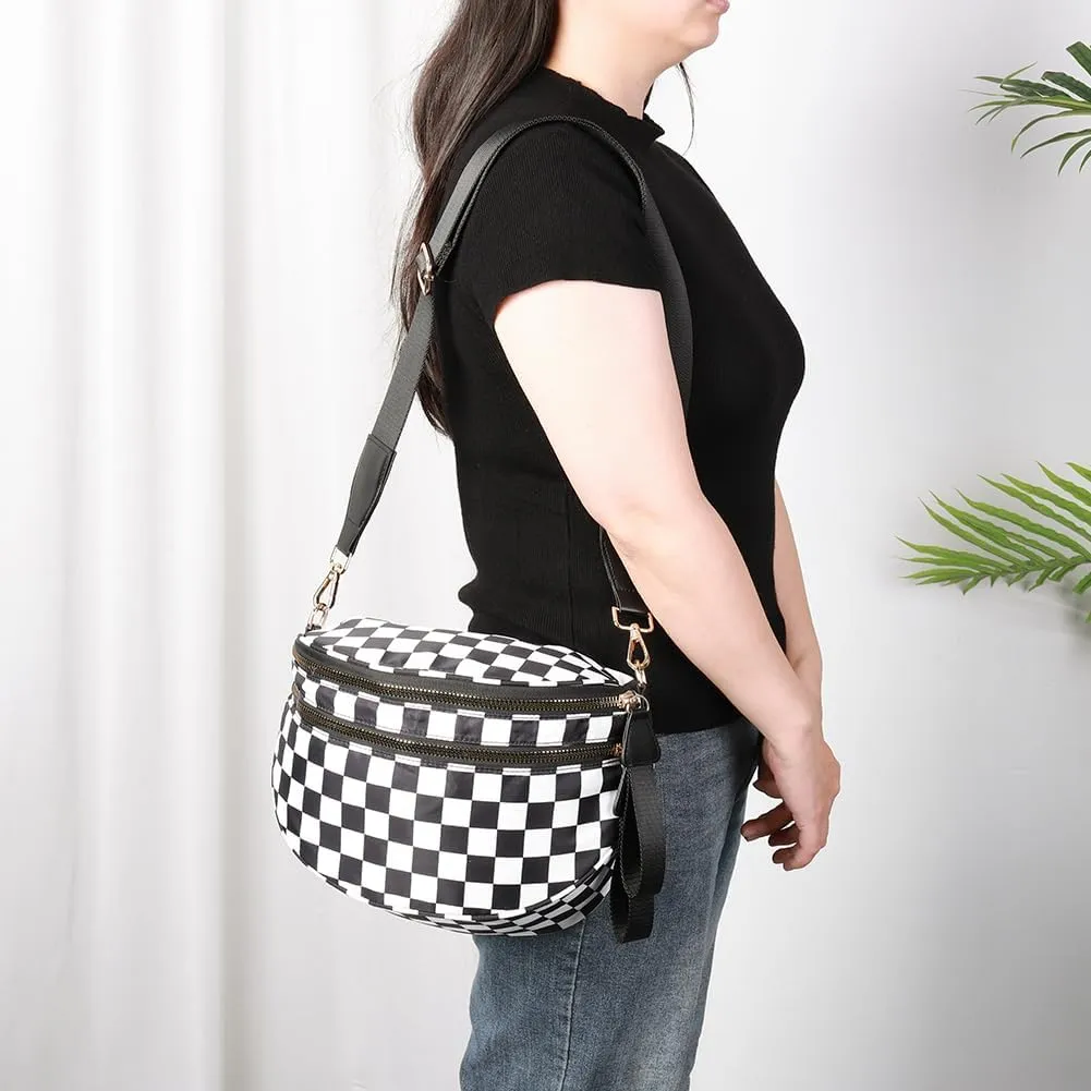 Nylon Crossbody Bag for Women, Large Checkered Purse, Black Handbag for Shopping Travel