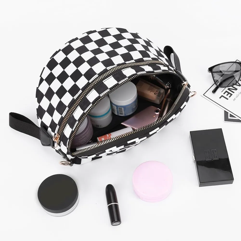 Nylon Crossbody Bag for Women, Large Checkered Purse, Black Handbag for Shopping Travel