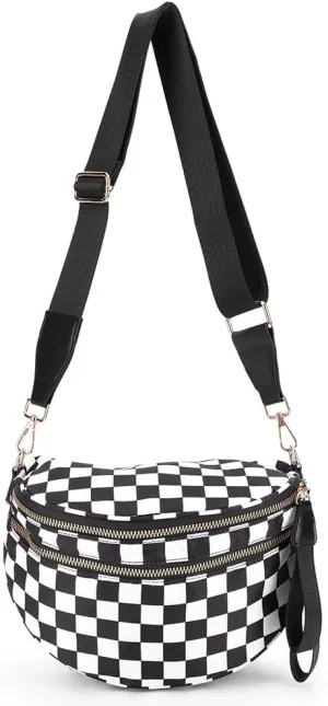Nylon Crossbody Bag for Women, Large Checkered Purse, Black Handbag for Shopping Travel