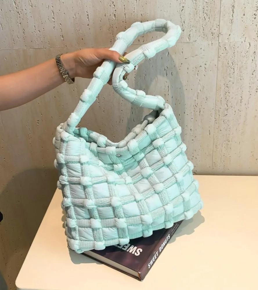 Nylon Tote Bags for Women Large Shoulder Bag Trendy Handbag Bubble Checkered Cloud Top Handle Purse