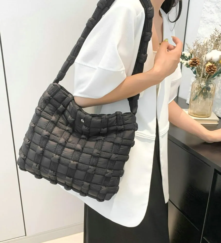 Nylon Tote Bags for Women Large Shoulder Bag Trendy Handbag Bubble Checkered Cloud Top Handle Purse