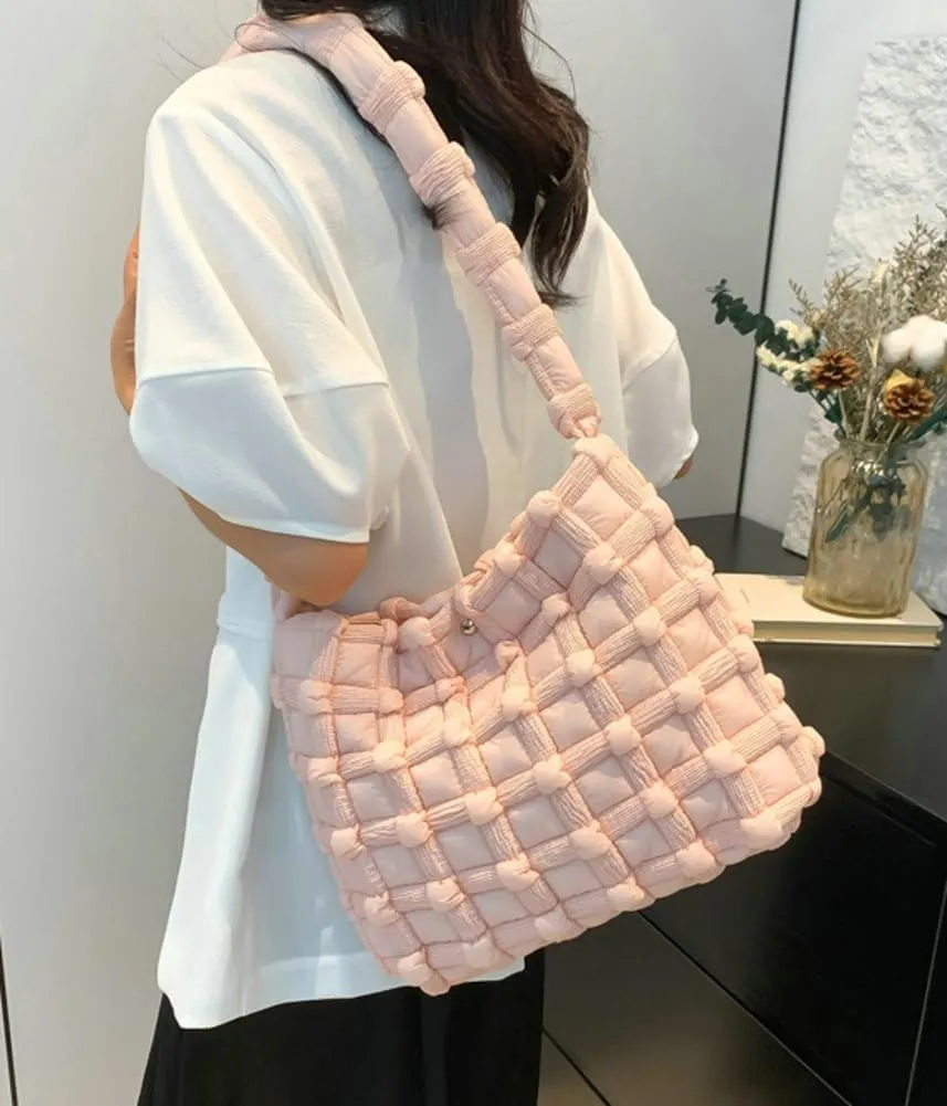 Nylon Tote Bags for Women Large Shoulder Bag Trendy Handbag Bubble Checkered Cloud Top Handle Purse