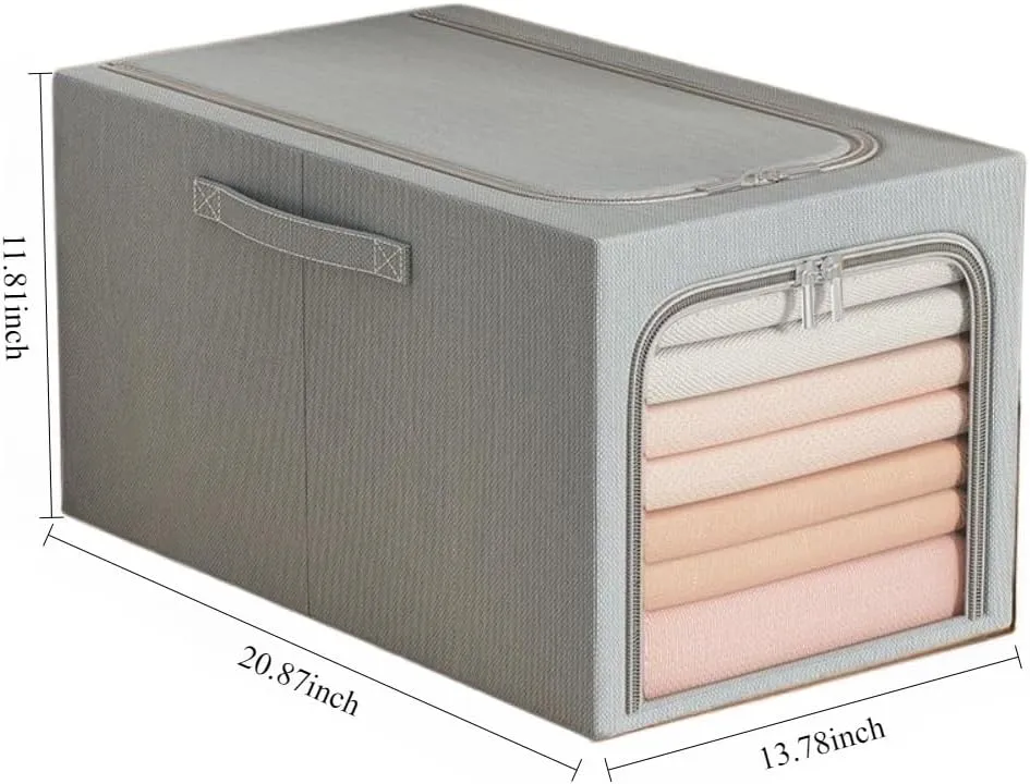 Organizer Foldable Oxford Fabric European Home Bedroom Clothing Storage Box Large Capacity Steel Frame Fabric Storage Box Multi purpose Organizing Box (Grey,56L)