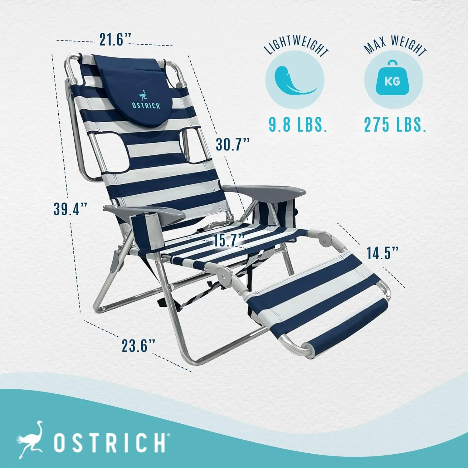 Ostrich Backpack 3N1 Chair - with Cooler Bag, Portable, Reclining Lounger for Tanning - Face Hole for Reading on Stomach, Aluminum (Navy Blue & White)