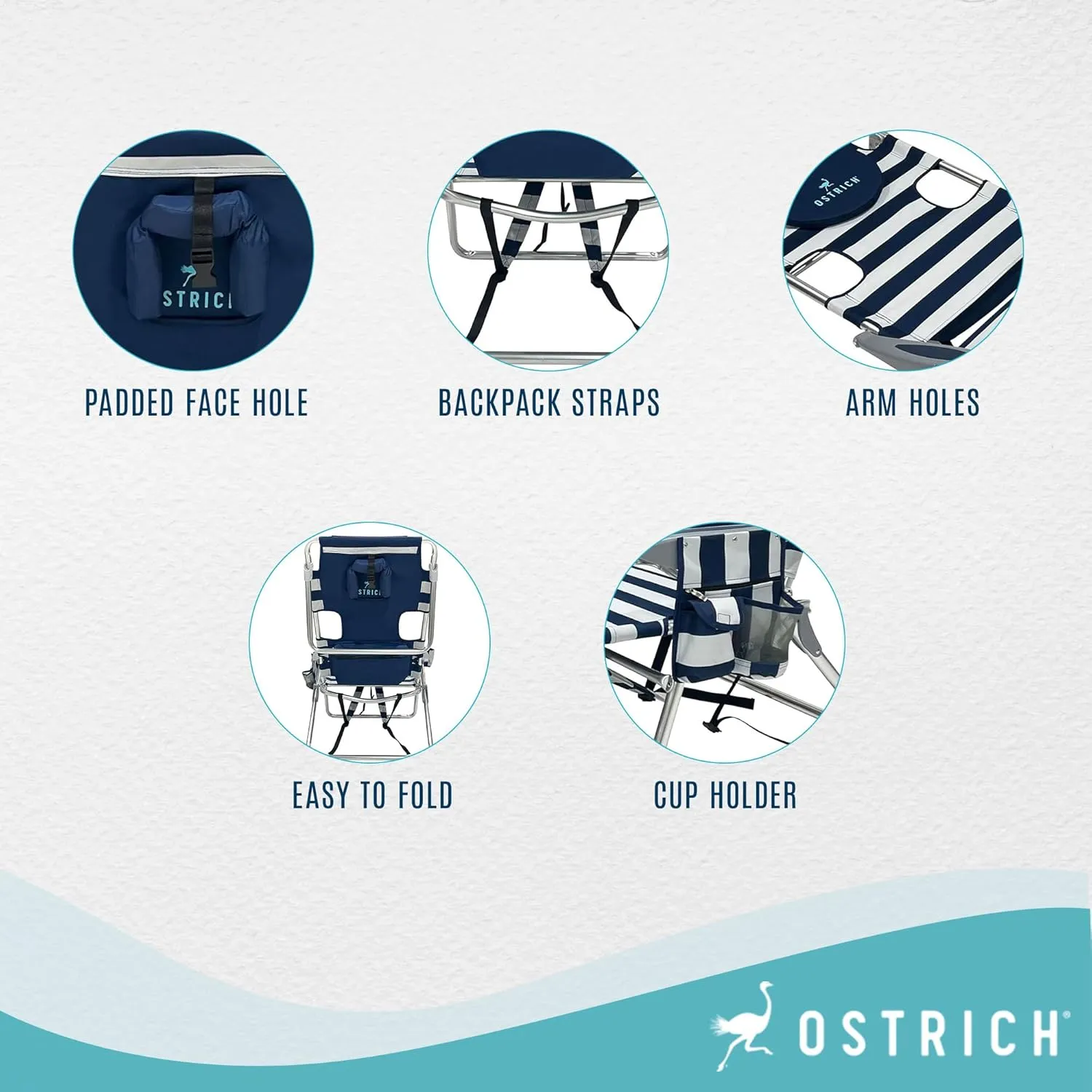 Ostrich Backpack 3N1 Chair - with Cooler Bag, Portable, Reclining Lounger for Tanning - Face Hole for Reading on Stomach, Aluminum (Navy Blue & White)