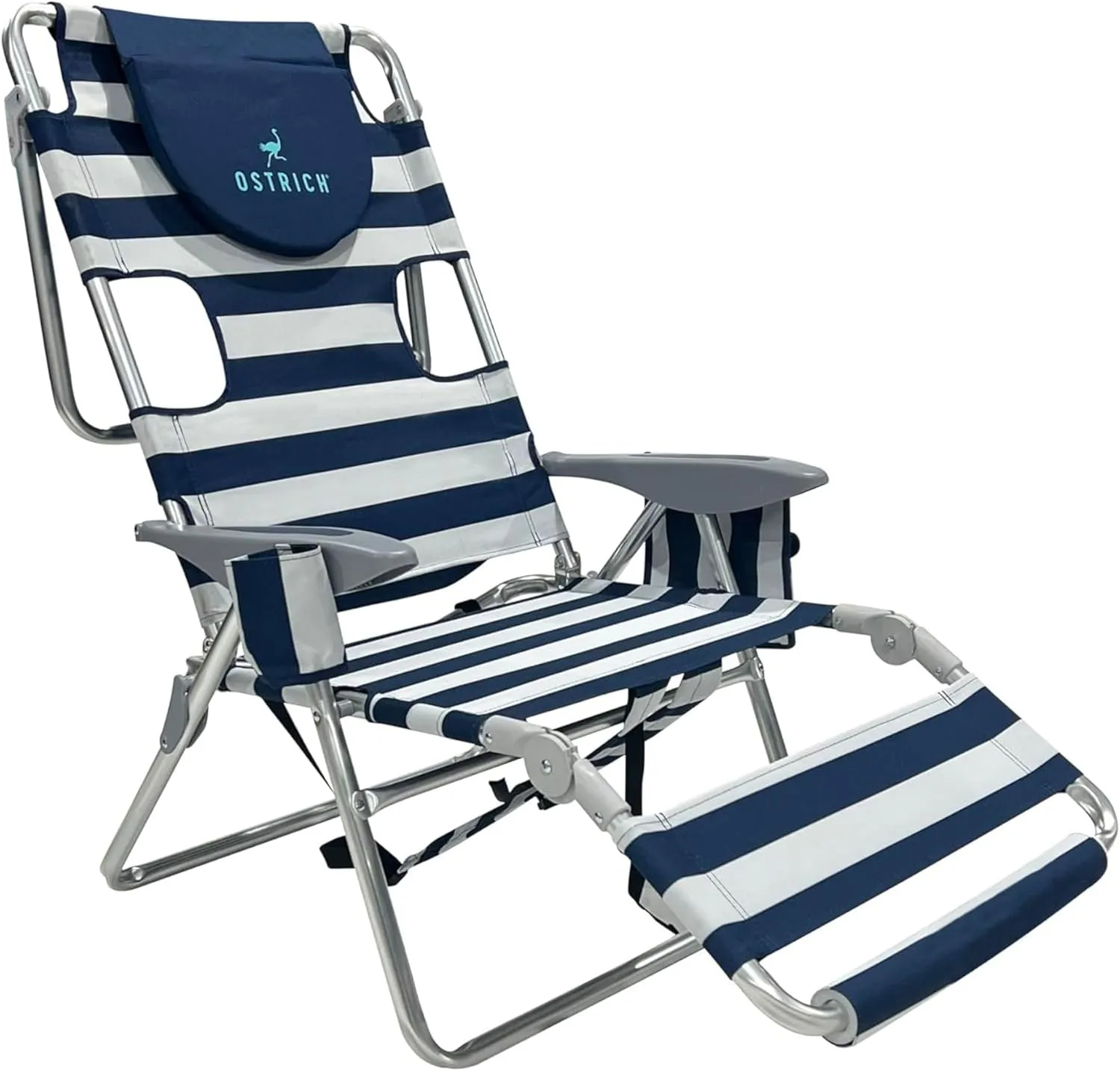Ostrich Backpack 3N1 Chair - with Cooler Bag, Portable, Reclining Lounger for Tanning - Face Hole for Reading on Stomach, Aluminum (Navy Blue & White)