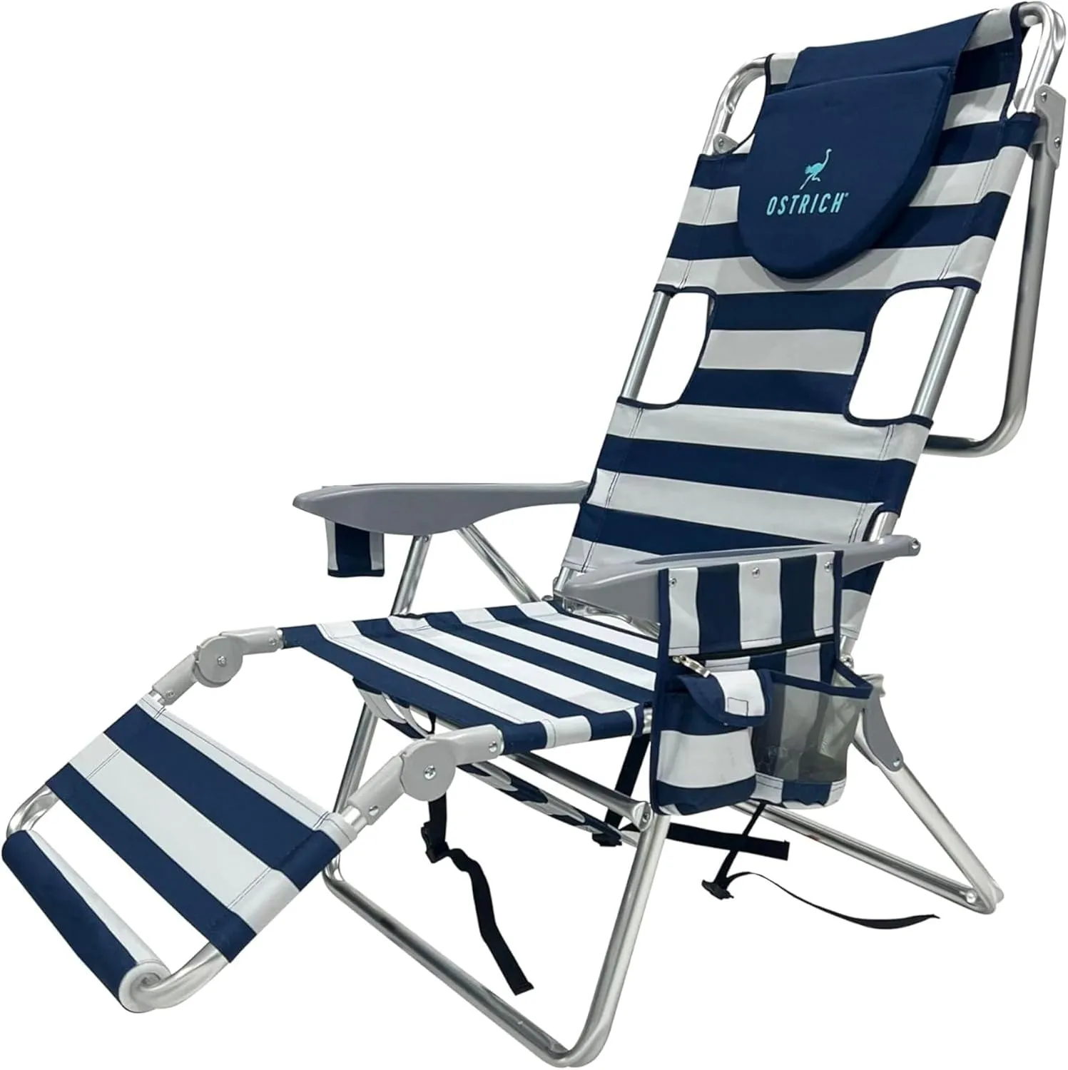 Ostrich Backpack 3N1 Chair - with Cooler Bag, Portable, Reclining Lounger for Tanning - Face Hole for Reading on Stomach, Aluminum (Navy Blue & White)