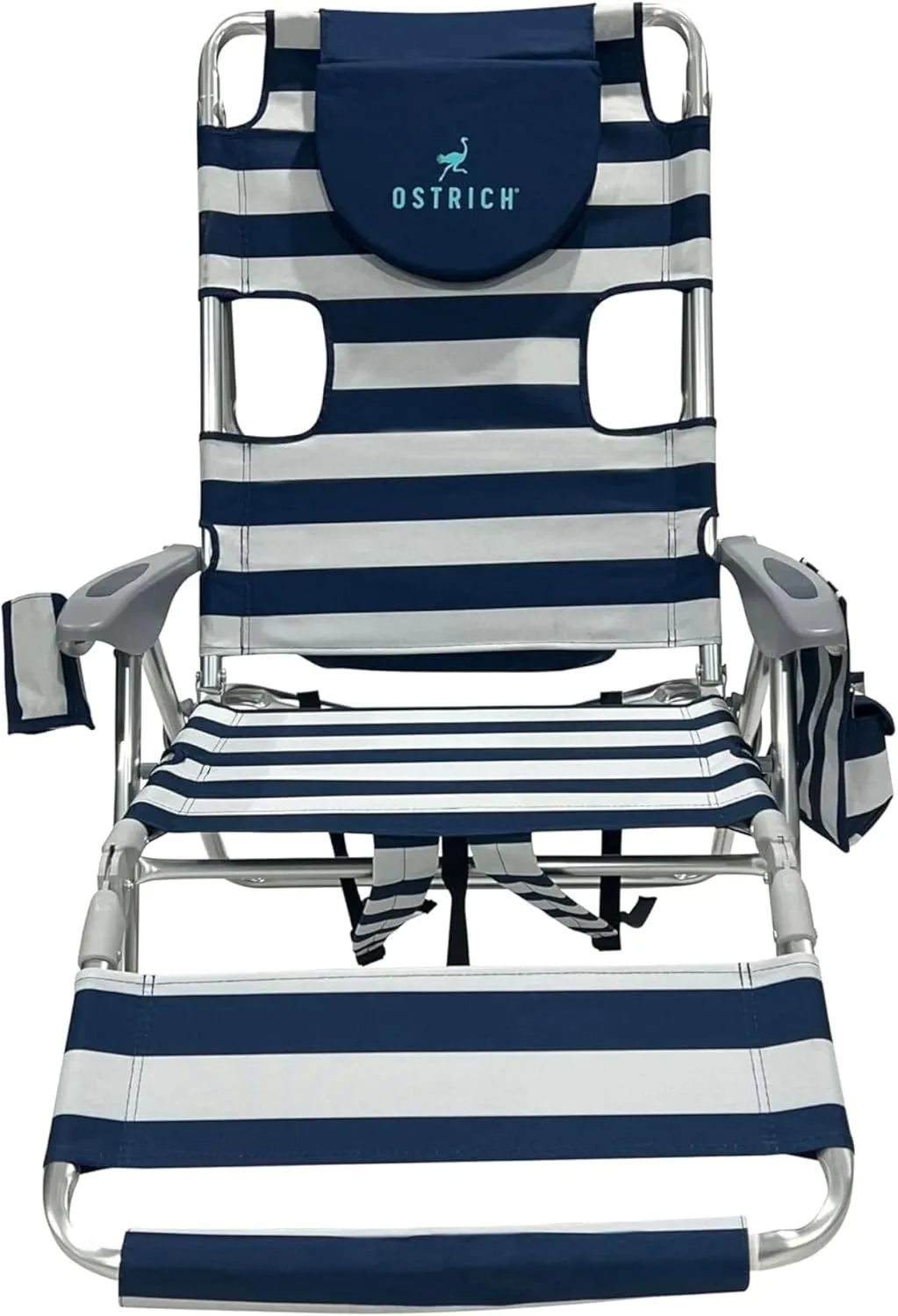 Ostrich Backpack 3N1 Chair - with Cooler Bag, Portable, Reclining Lounger for Tanning - Face Hole for Reading on Stomach, Aluminum (Navy Blue & White)