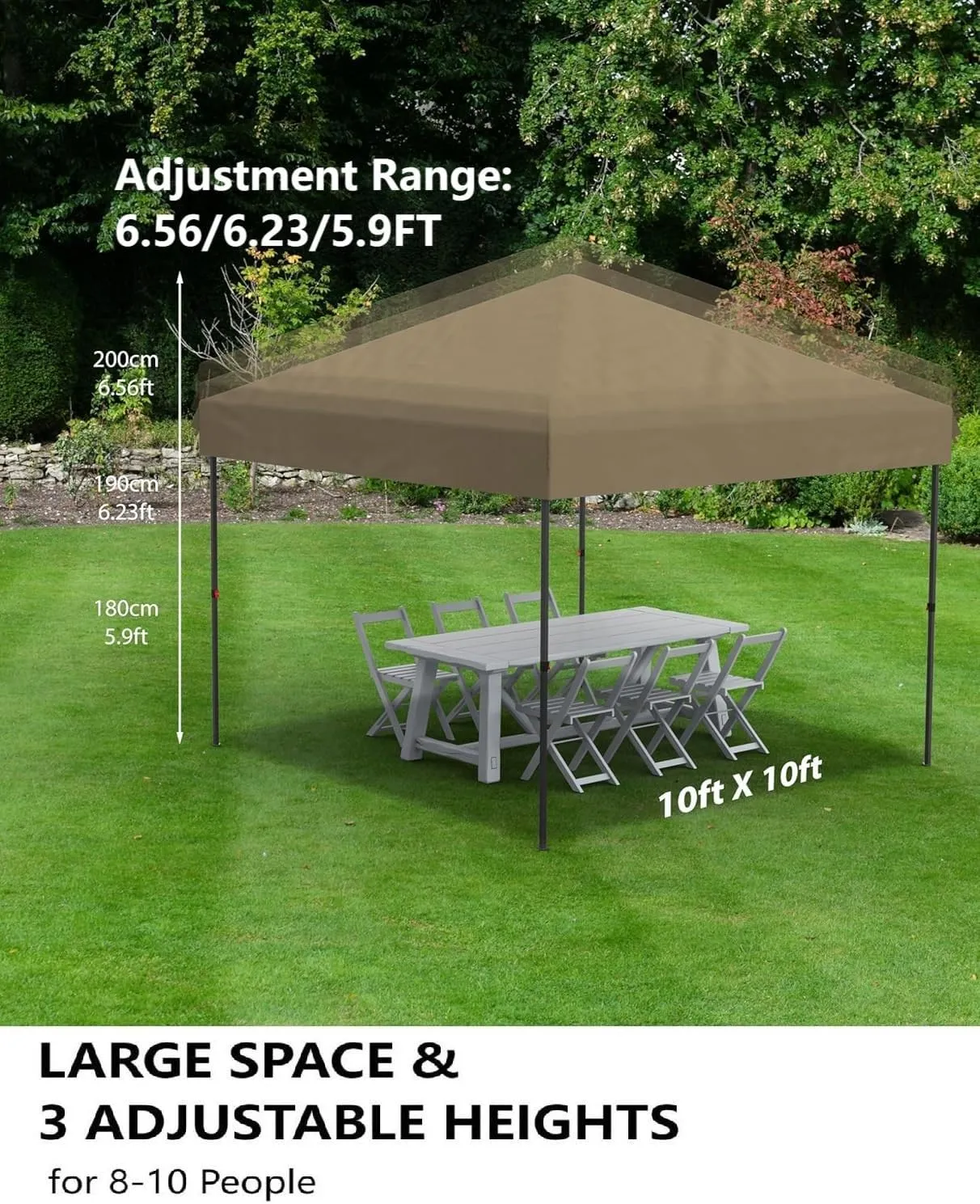 Outdoor Canopy 10X10 Pop Up Canopy Tent, Adjustable Heights Portable Instant Portable Shelter with Wheeled Bag, 4 Sandbags 4 Ropes & 8 Stakes, for Party, Patio, Deck, Garden, Beach (Brown)