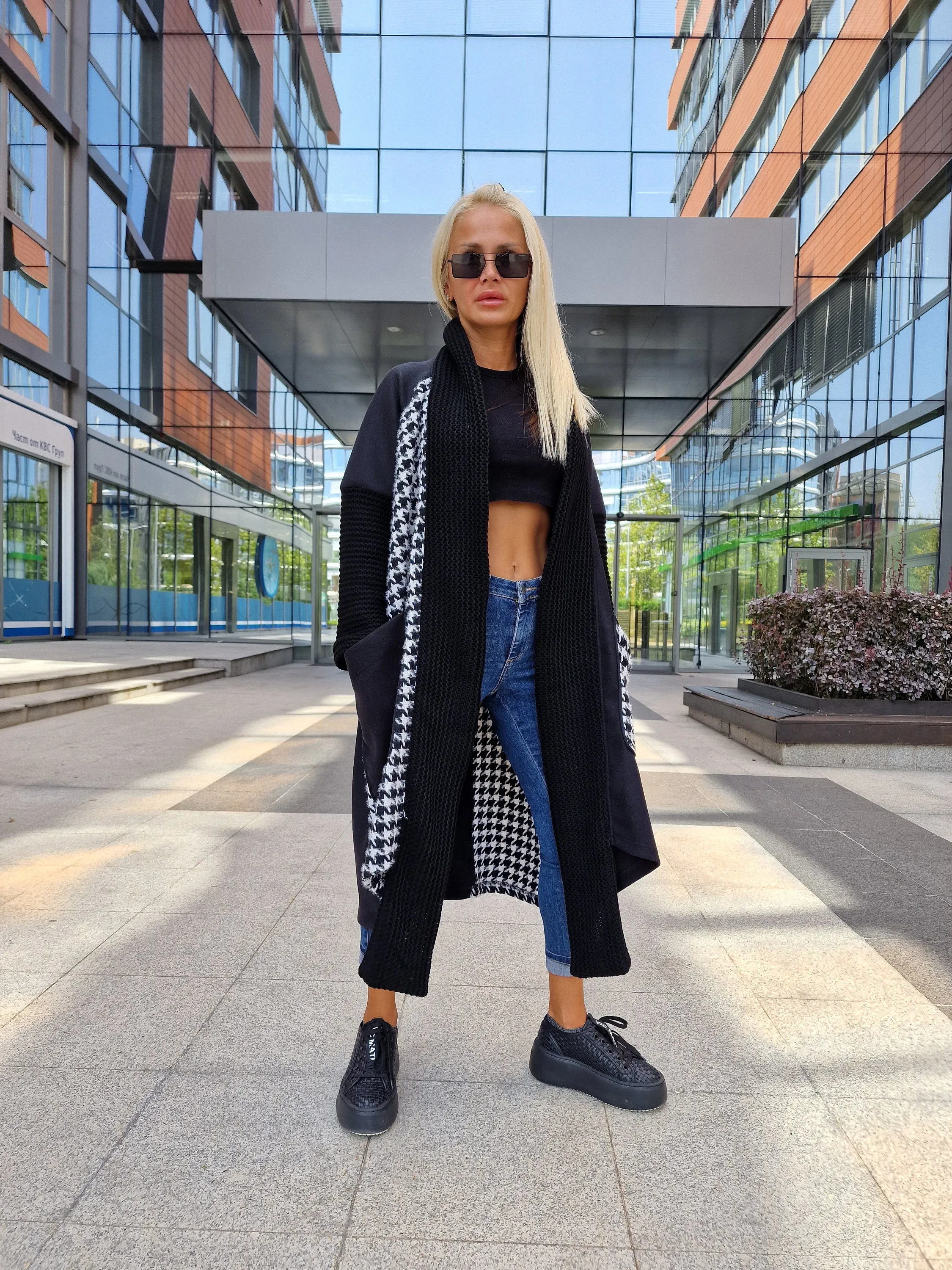Oversized Black and White Coat, Long Coat, Houndstooth Pattern Coat with Oversized Pockets, Plus Size Overcoat, Oversized Maxi Vest,