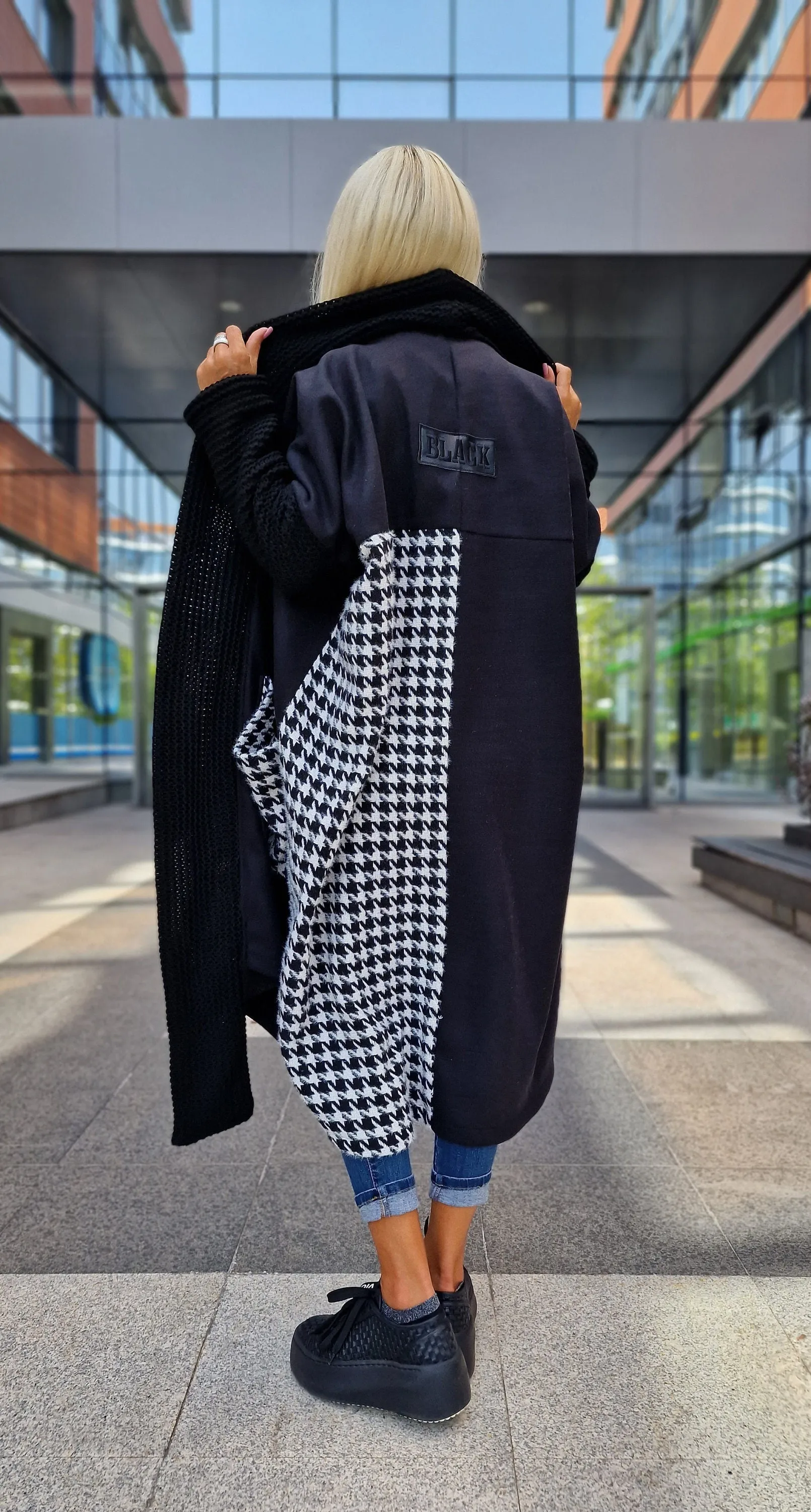 Oversized Black and White Coat, Long Coat, Houndstooth Pattern Coat with Oversized Pockets, Plus Size Overcoat, Oversized Maxi Vest,