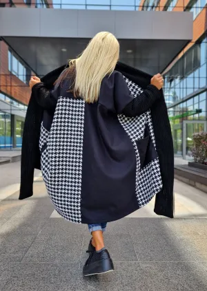 Oversized Black and White Coat, Long Coat, Houndstooth Pattern Coat with Oversized Pockets, Plus Size Overcoat, Oversized Maxi Vest,