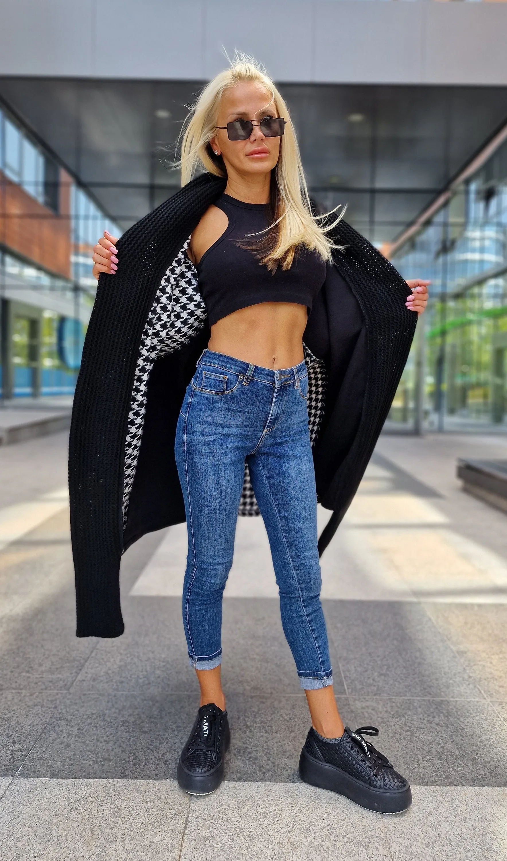 Oversized Black and White Coat, Long Coat, Houndstooth Pattern Coat with Oversized Pockets, Plus Size Overcoat, Oversized Maxi Vest,