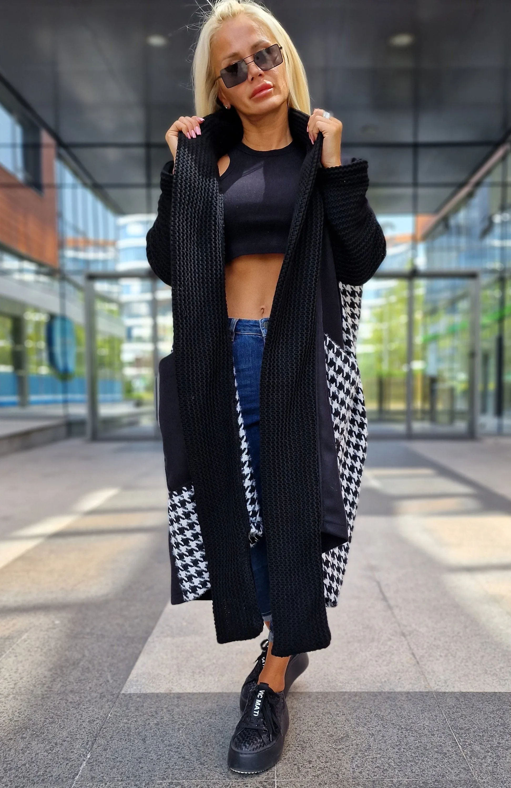 Oversized Black and White Coat, Long Coat, Houndstooth Pattern Coat with Oversized Pockets, Plus Size Overcoat, Oversized Maxi Vest,