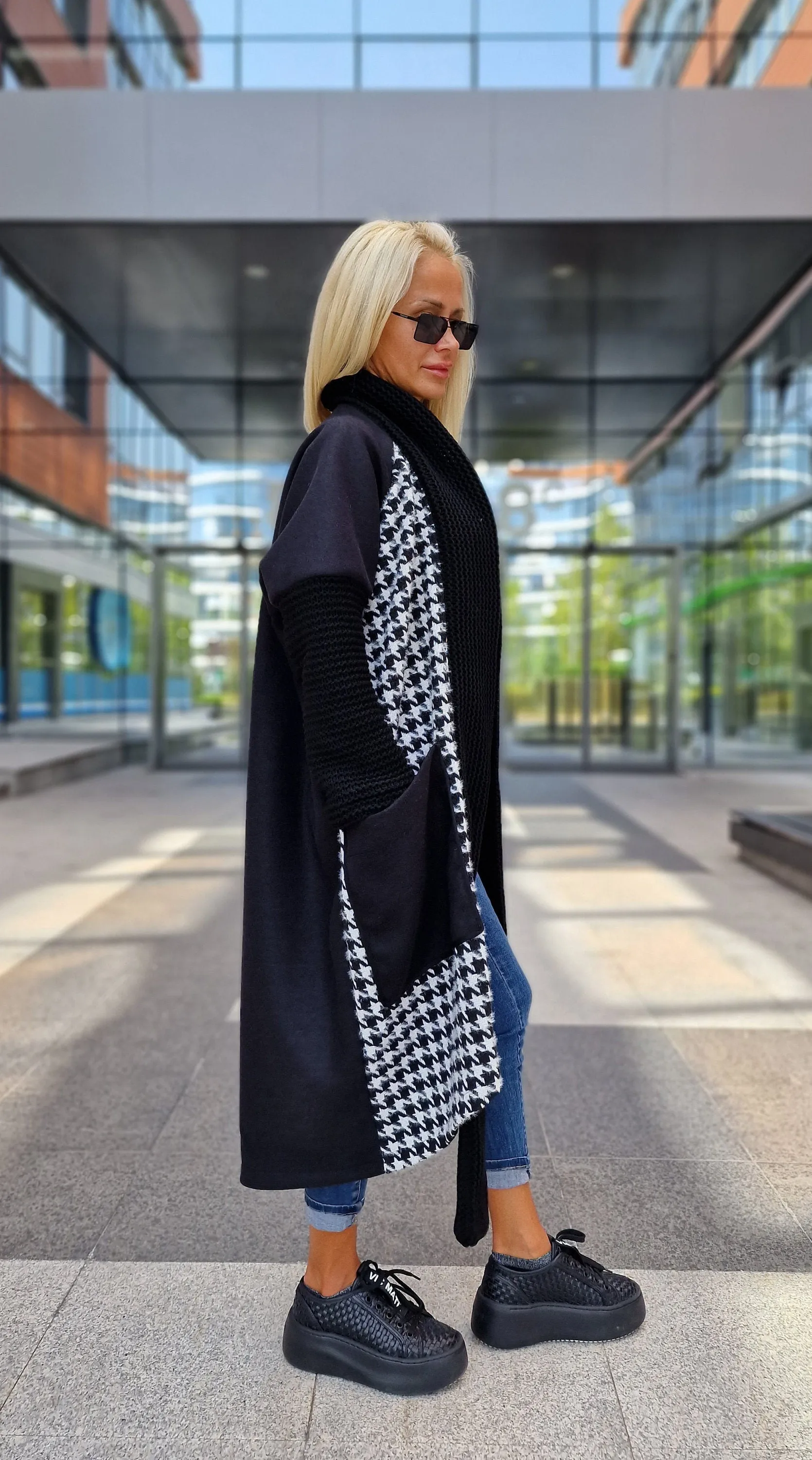 Oversized Black and White Coat, Long Coat, Houndstooth Pattern Coat with Oversized Pockets, Plus Size Overcoat, Oversized Maxi Vest,
