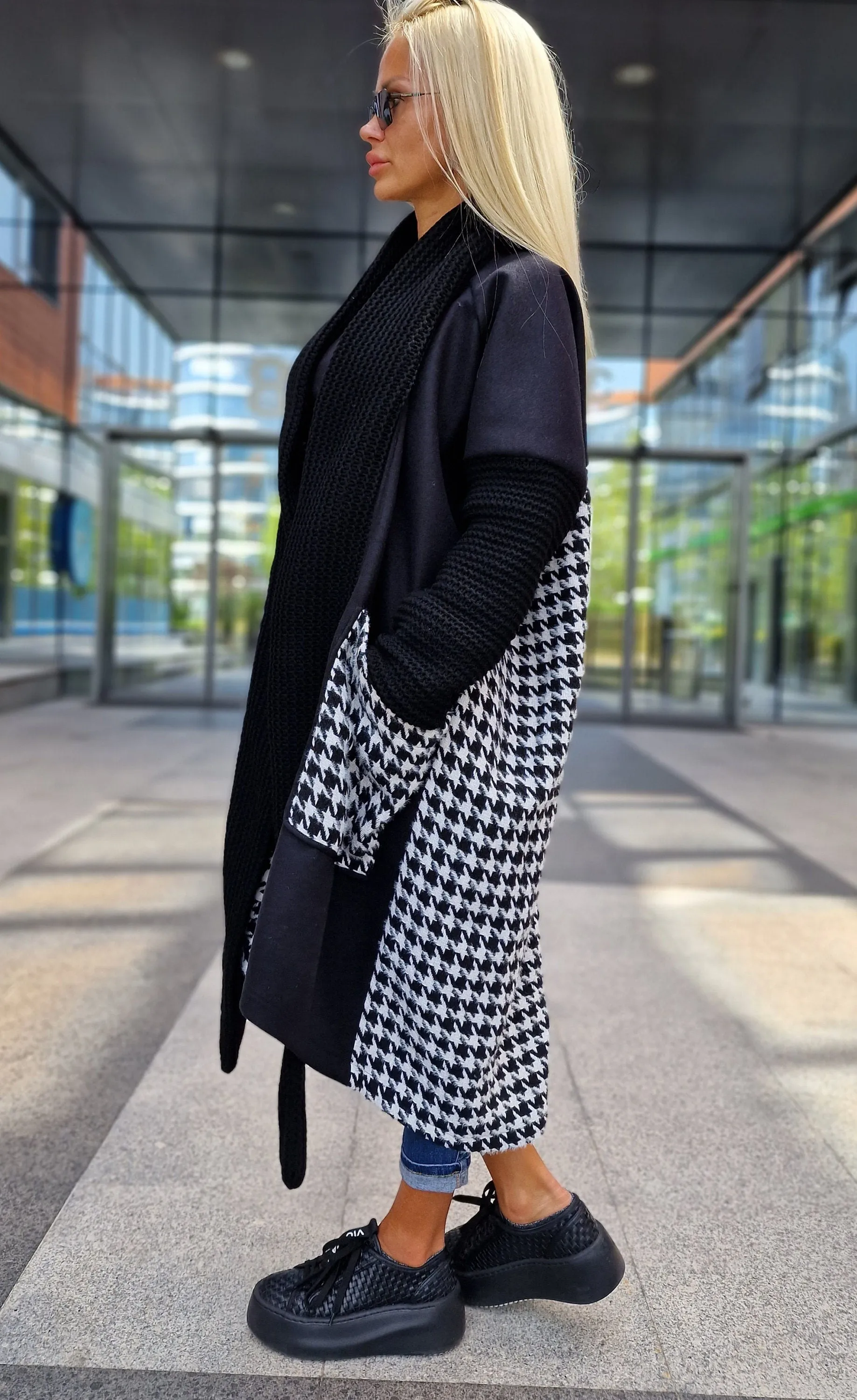 Oversized Black and White Coat, Long Coat, Houndstooth Pattern Coat with Oversized Pockets, Plus Size Overcoat, Oversized Maxi Vest,