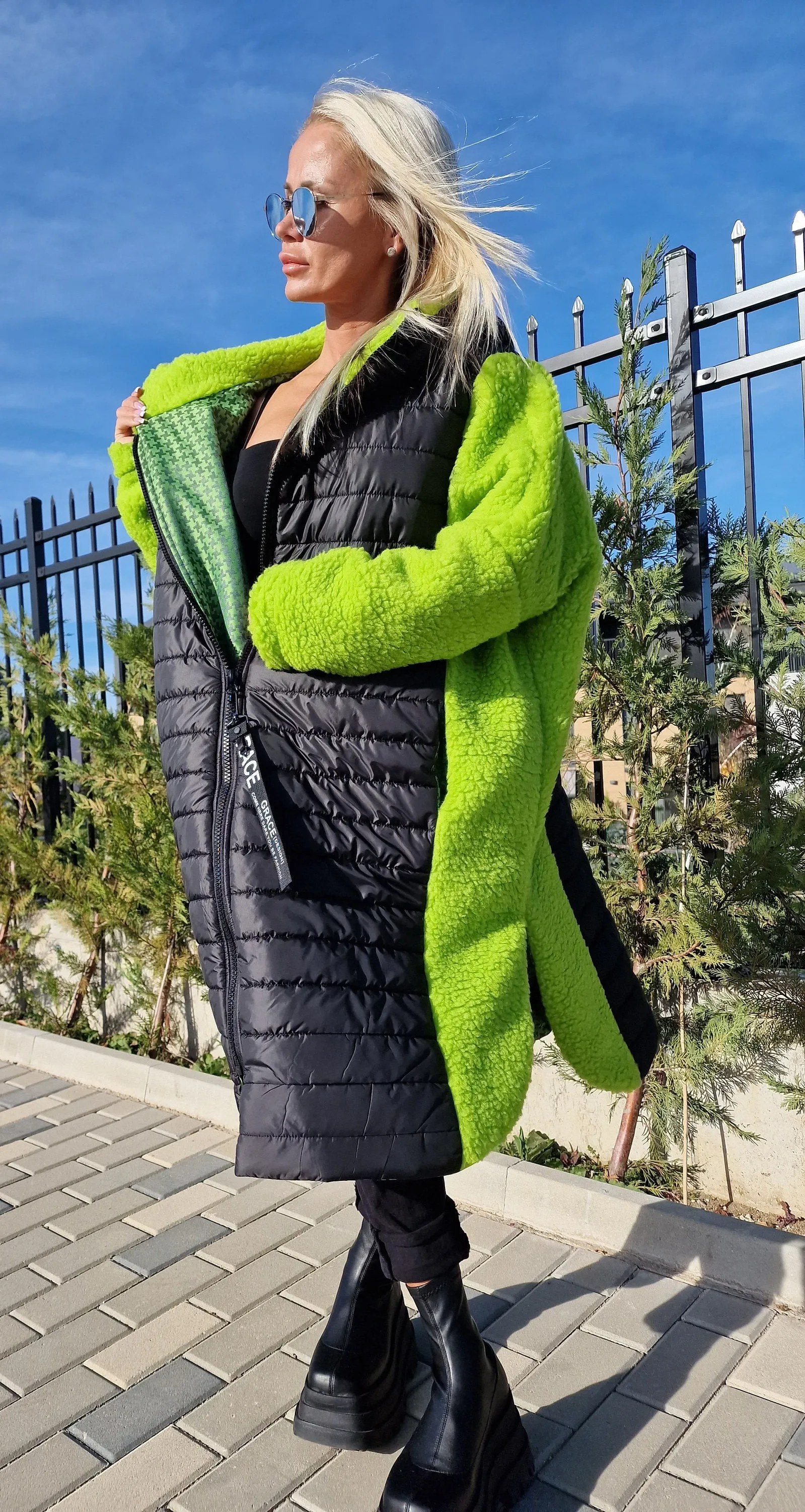 Oversized Green and Black Coat, Long Coat, Hooded Maxi Coat, Plus Size Overcoat, Oversized Maxi Vest, Boho Vest