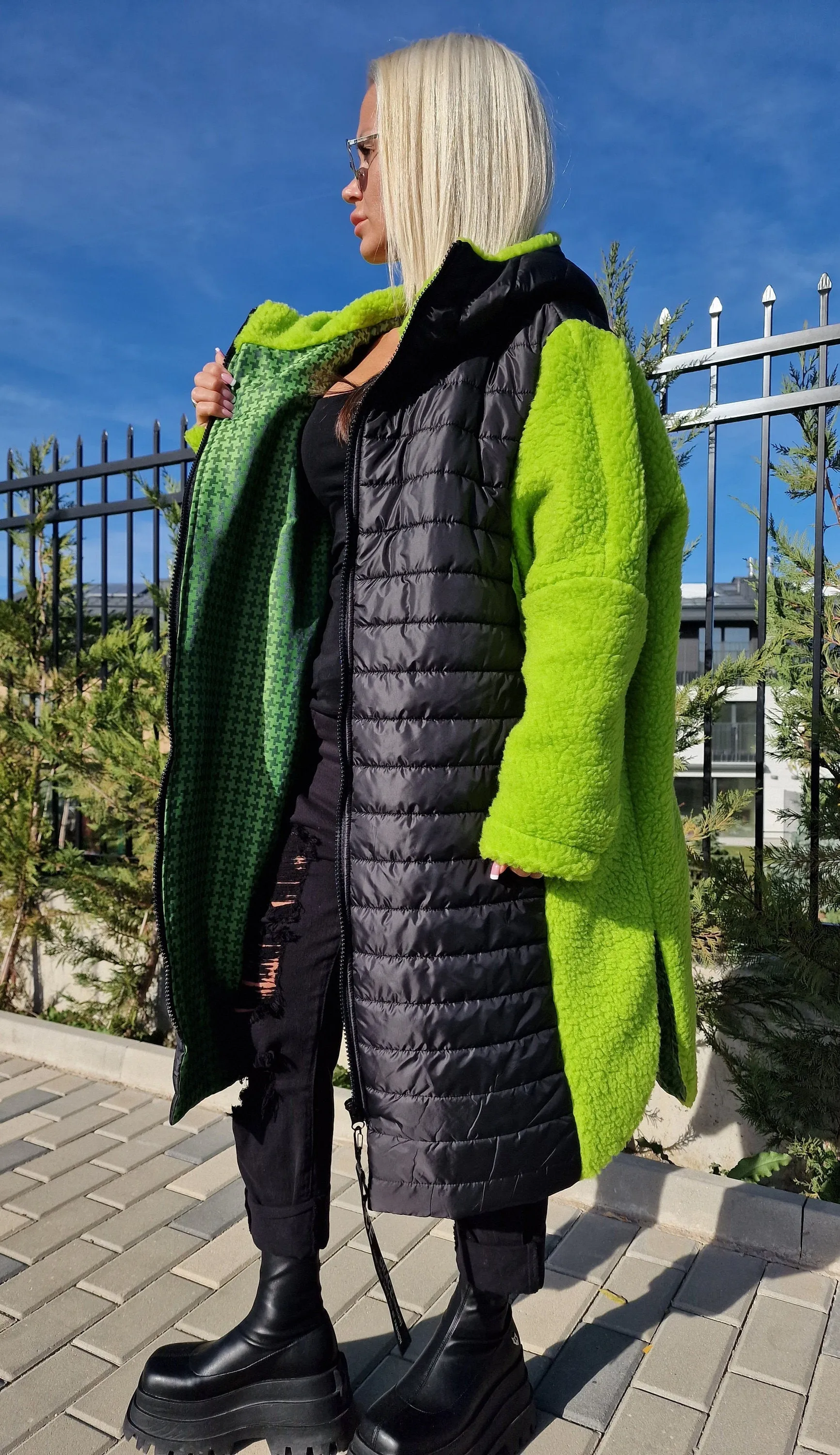 Oversized Green and Black Coat, Long Coat, Hooded Maxi Coat, Plus Size Overcoat, Oversized Maxi Vest, Boho Vest
