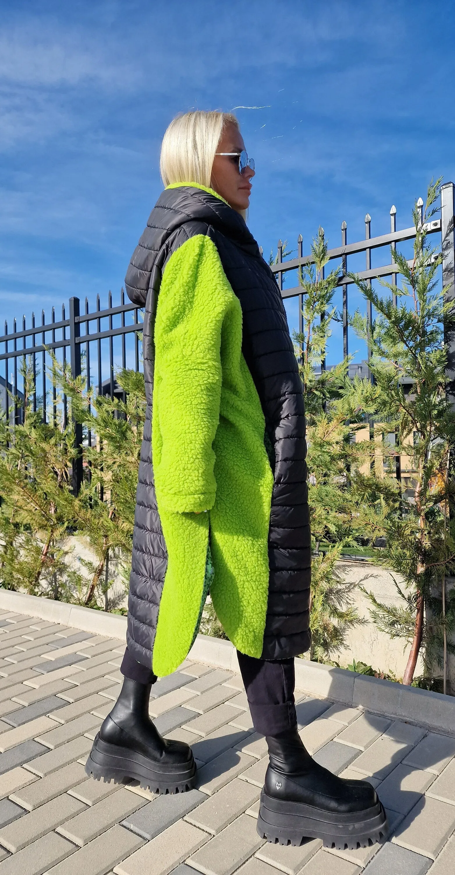 Oversized Green and Black Coat, Long Coat, Hooded Maxi Coat, Plus Size Overcoat, Oversized Maxi Vest, Boho Vest