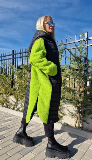 Oversized Green and Black Coat, Long Coat, Hooded Maxi Coat, Plus Size Overcoat, Oversized Maxi Vest, Boho Vest