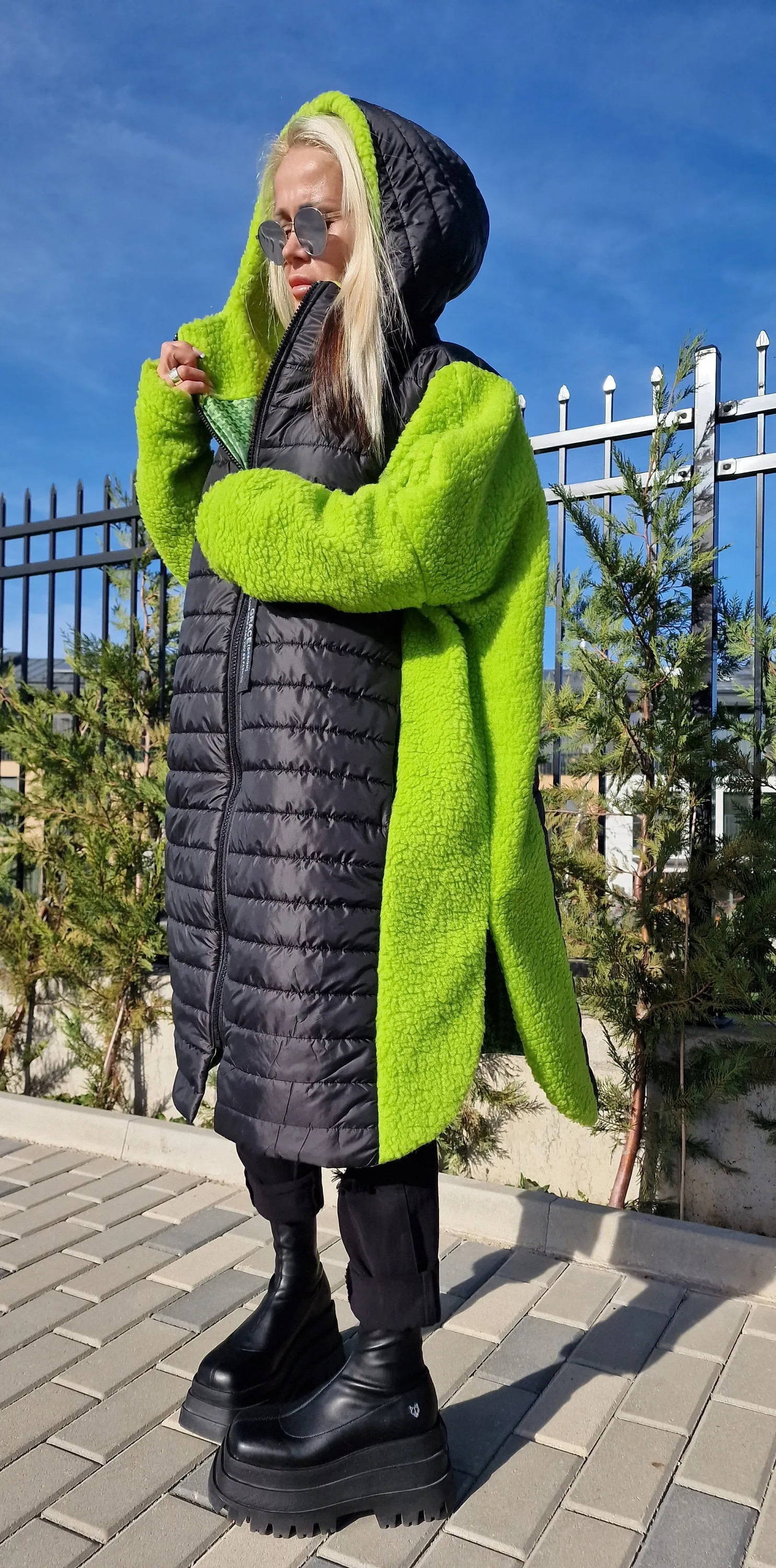 Oversized Green and Black Coat, Long Coat, Hooded Maxi Coat, Plus Size Overcoat, Oversized Maxi Vest, Boho Vest