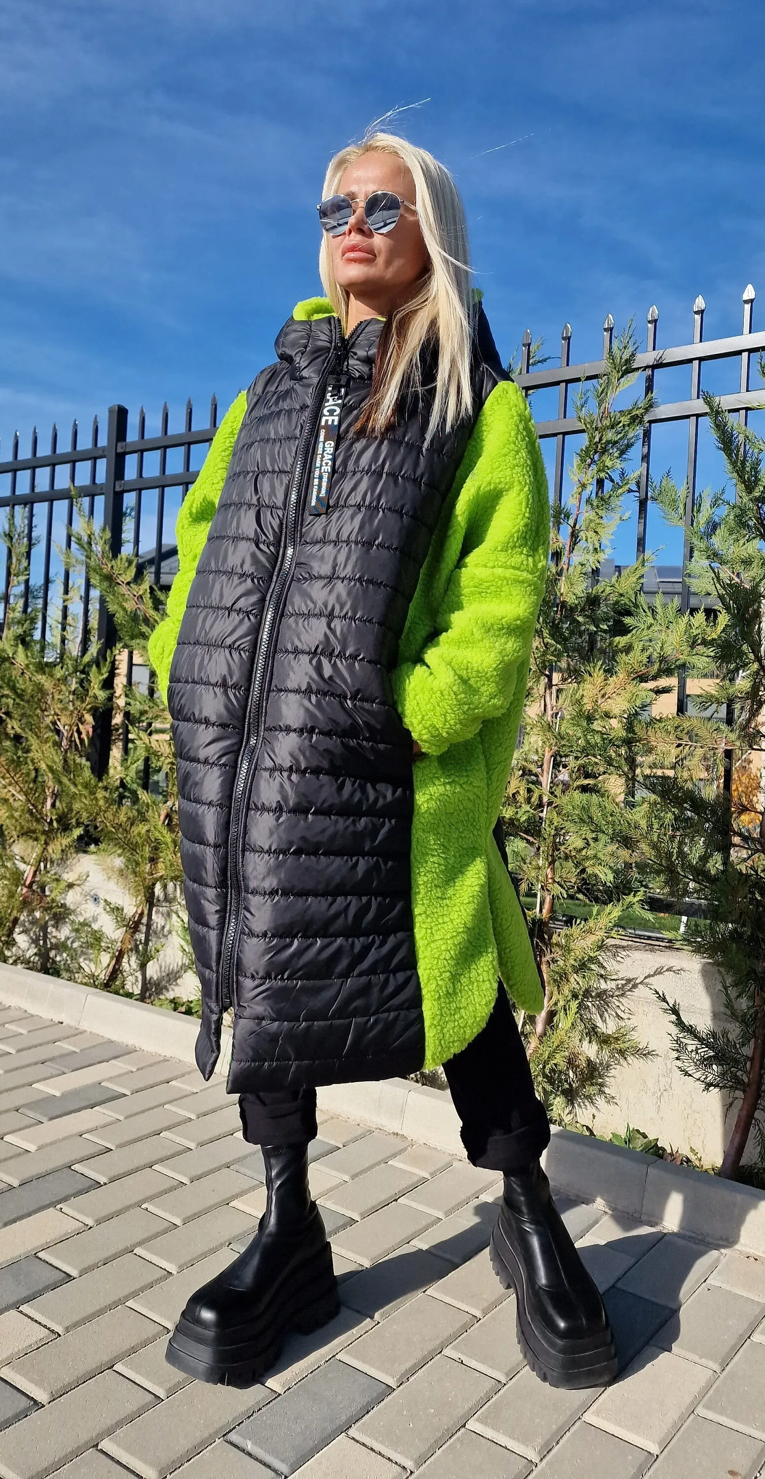 Oversized Green and Black Coat, Long Coat, Hooded Maxi Coat, Plus Size Overcoat, Oversized Maxi Vest, Boho Vest