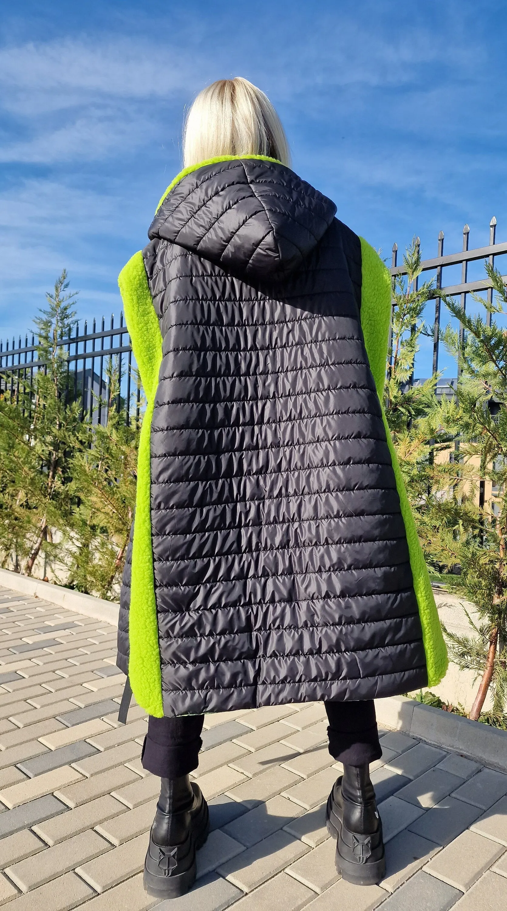 Oversized Green and Black Coat, Long Coat, Hooded Maxi Coat, Plus Size Overcoat, Oversized Maxi Vest, Boho Vest