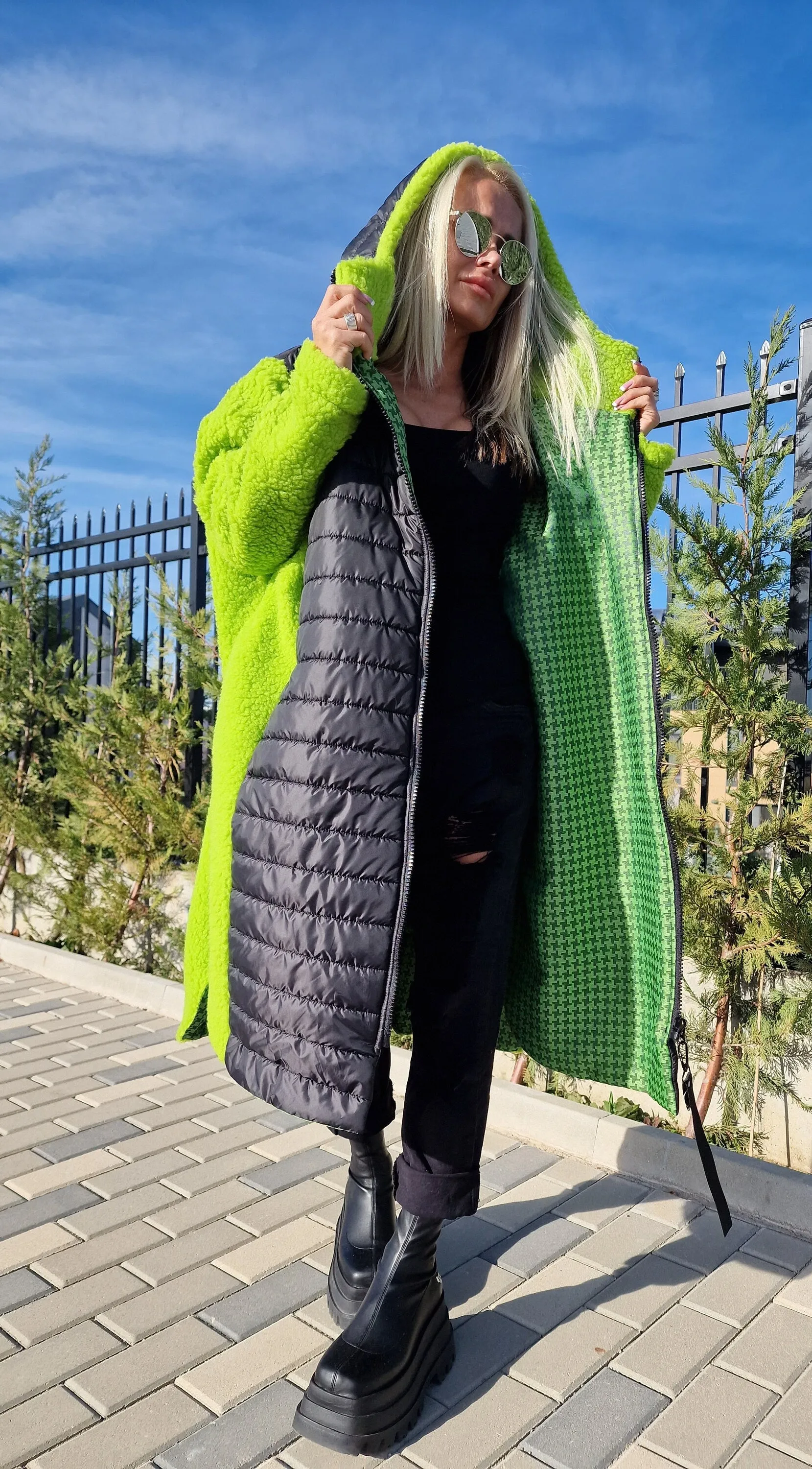 Oversized Green and Black Coat, Long Coat, Hooded Maxi Coat, Plus Size Overcoat, Oversized Maxi Vest, Boho Vest