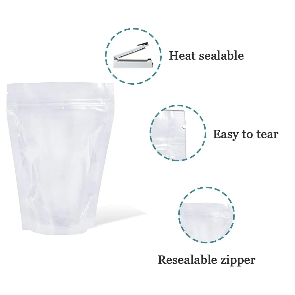 PABCK 100 Pack (Outside Size 4.3x7.1 inch)(Inside Size 3.86x4.53 inch) Clear Resealable Stand Up Bags Heat Seal Zipper Lock Storage Pouches for Zip Food Storage Lock Packaging with Tear Notches