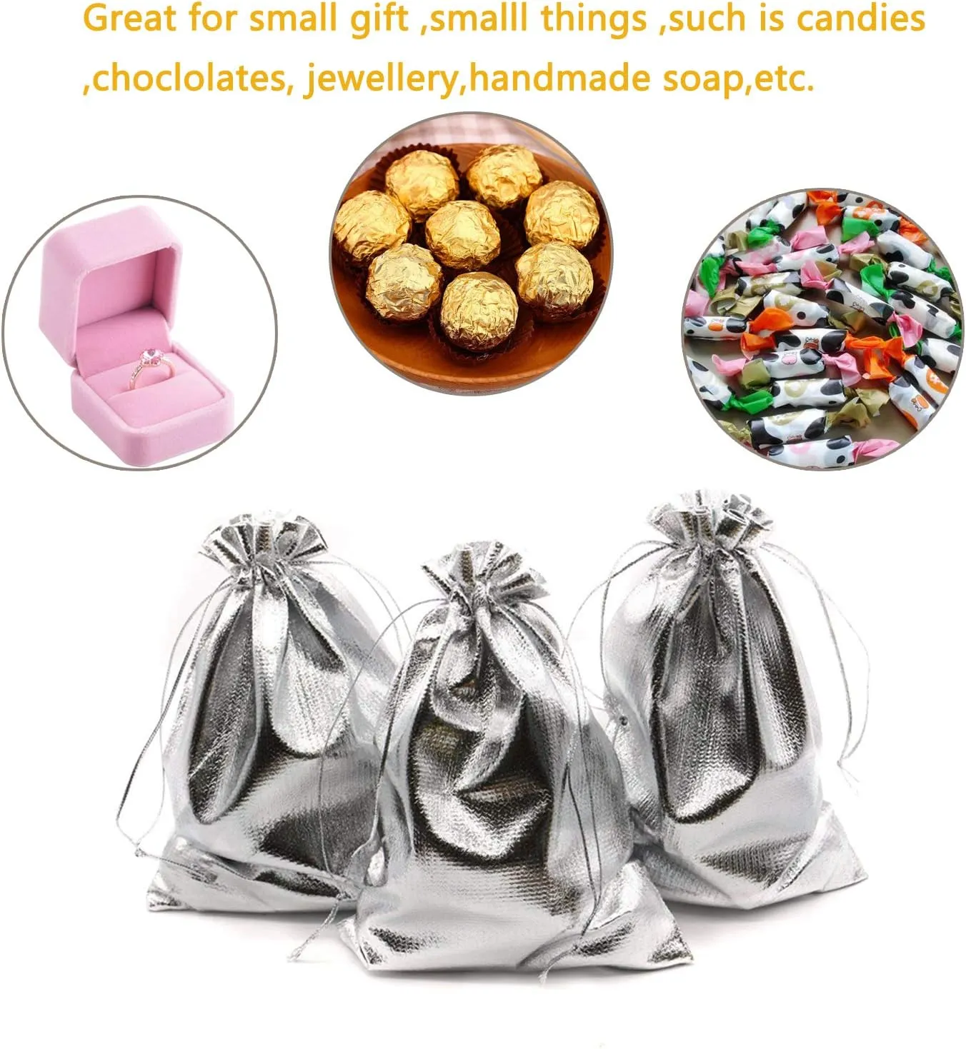 Pack of 100 5"x 7" Heavy Duty Gold Drawstring Organza Jewelry Pouches Wedding Party Christmas Favor Gift Candy Chocolate Bags (Silver, 5"x 7")