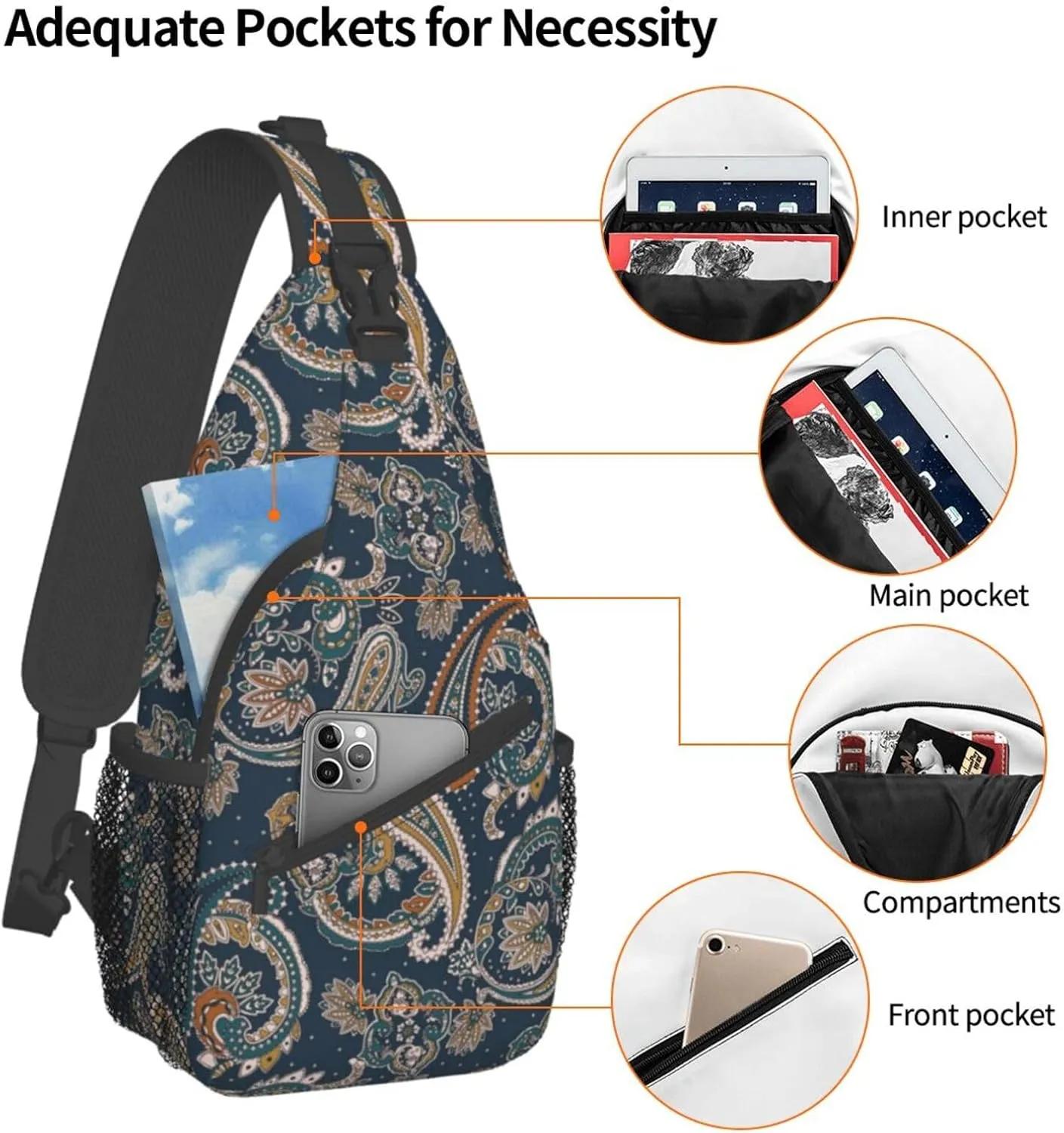 Paisley Sling Backpack Chest Bag Crossbody Shoulder Bag Gym Cycling Travel Hiking Daypack For Men Women