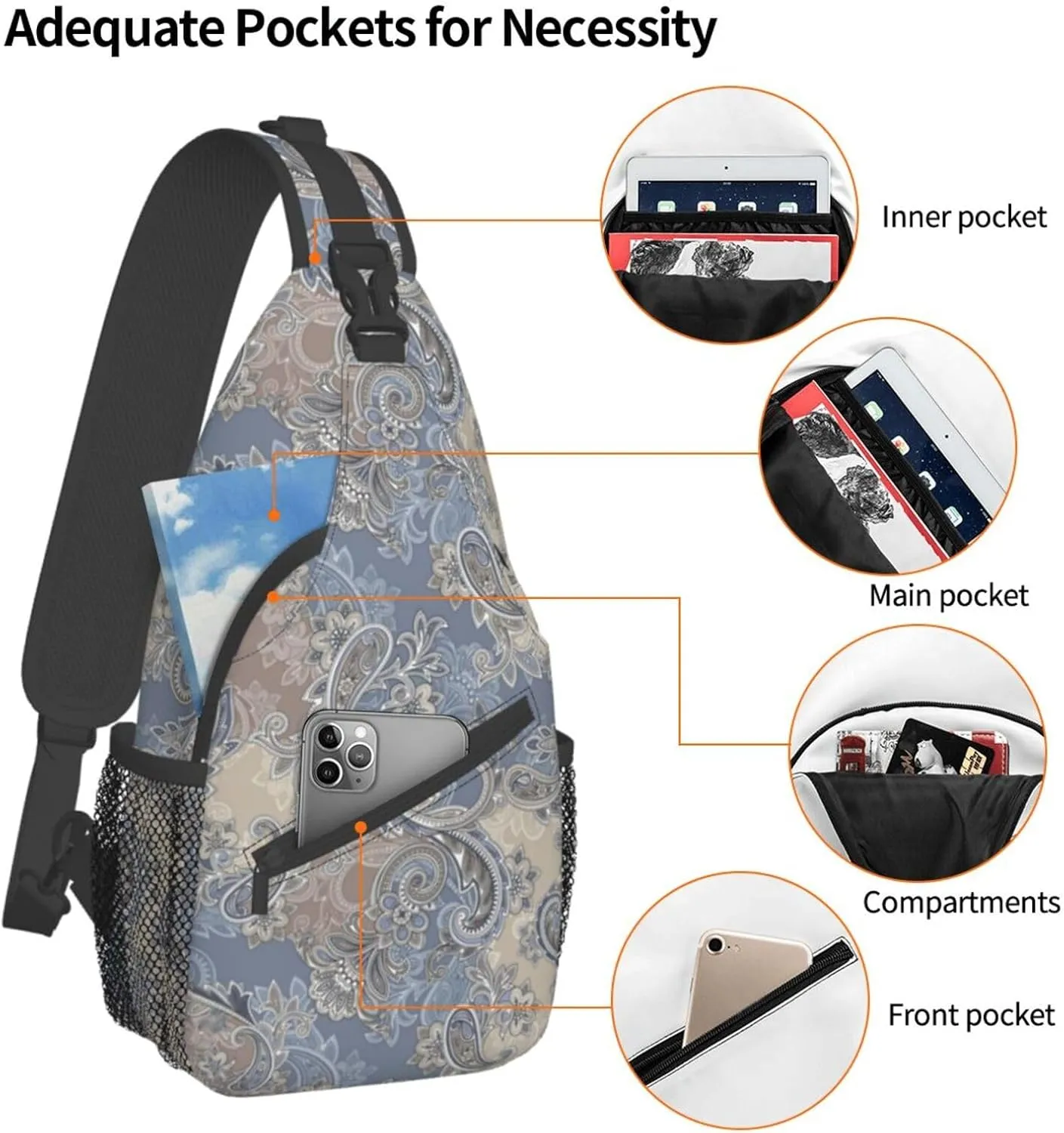 Paisley Sling Backpack Chest Bag Crossbody Shoulder Bag Gym Cycling Travel Hiking Daypack For Men Women