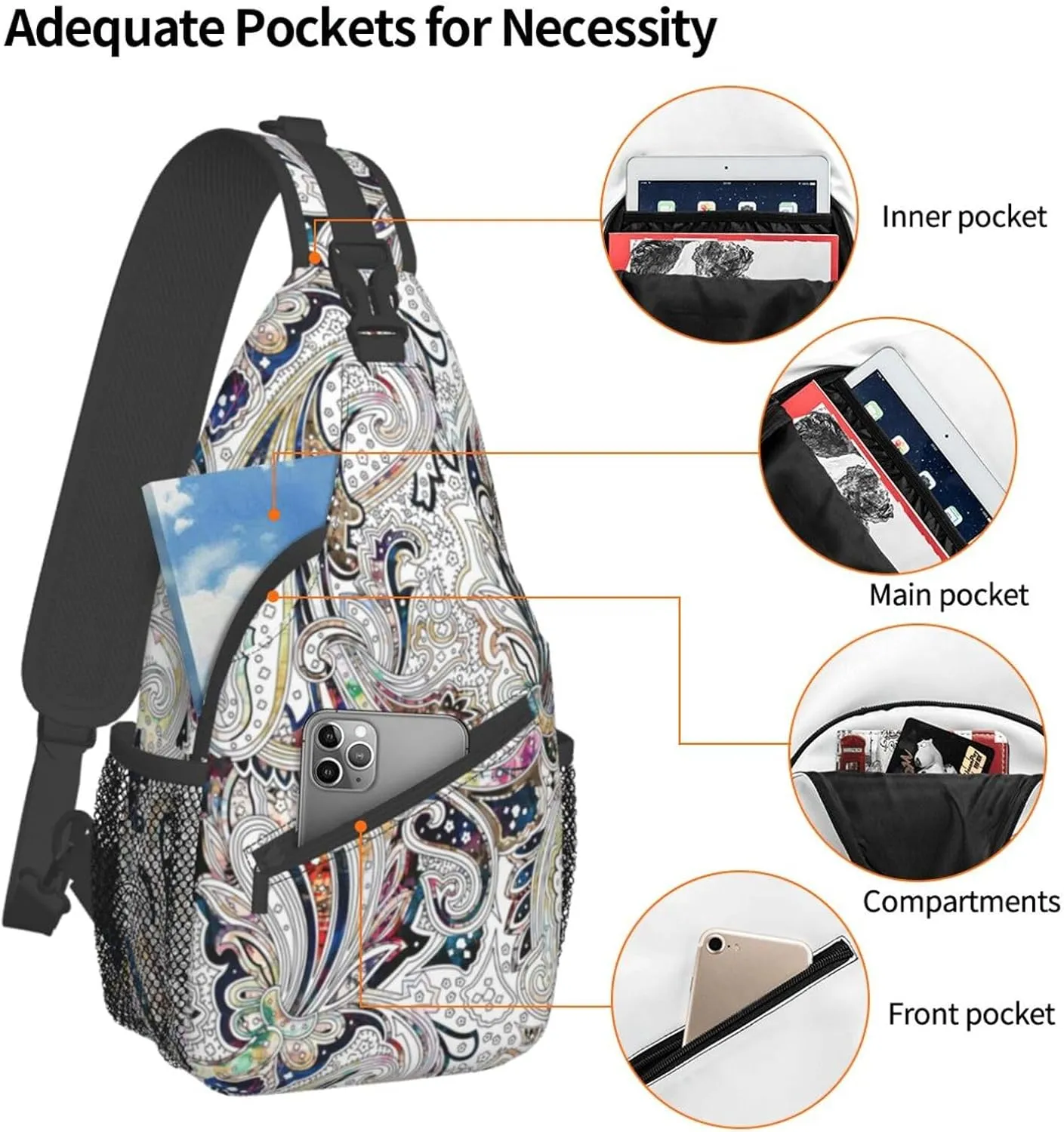 Paisley Sling Backpack Chest Bag Crossbody Shoulder Bag Gym Cycling Travel Hiking Daypack For Men Women