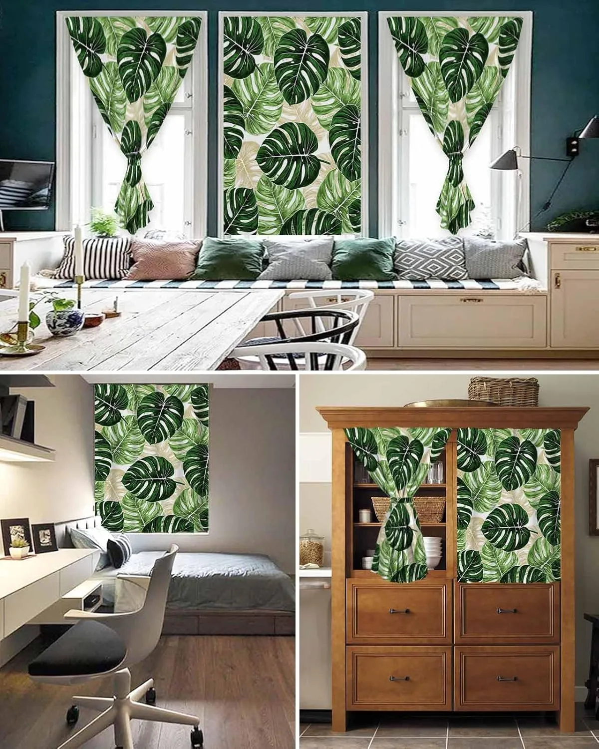 Palm Leaf Self Adhesive Blackout Curtains with Tiebacks,Portable Rod Pocket Living Room Darkening Curtains for Kitchen,Tropical Plant Country Green Summer Thermal Insulated Windows Cover,47Wx84H