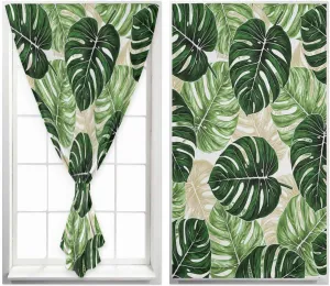 Palm Leaf Self Adhesive Blackout Curtains with Tiebacks,Portable Rod Pocket Living Room Darkening Curtains for Kitchen,Tropical Plant Country Green Summer Thermal Insulated Windows Cover,47Wx84H